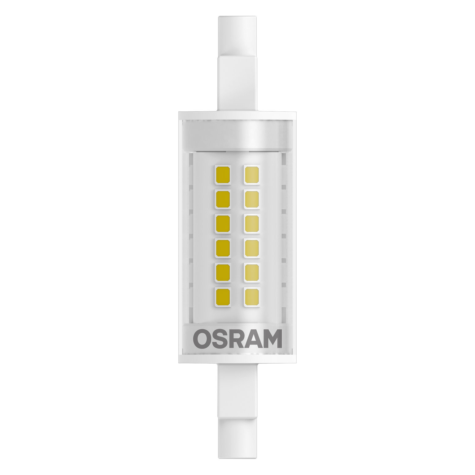 Una lampadina LED rettangolare con cornice bianca e luci gialle su sfondo bianco, marchio OSRAM.