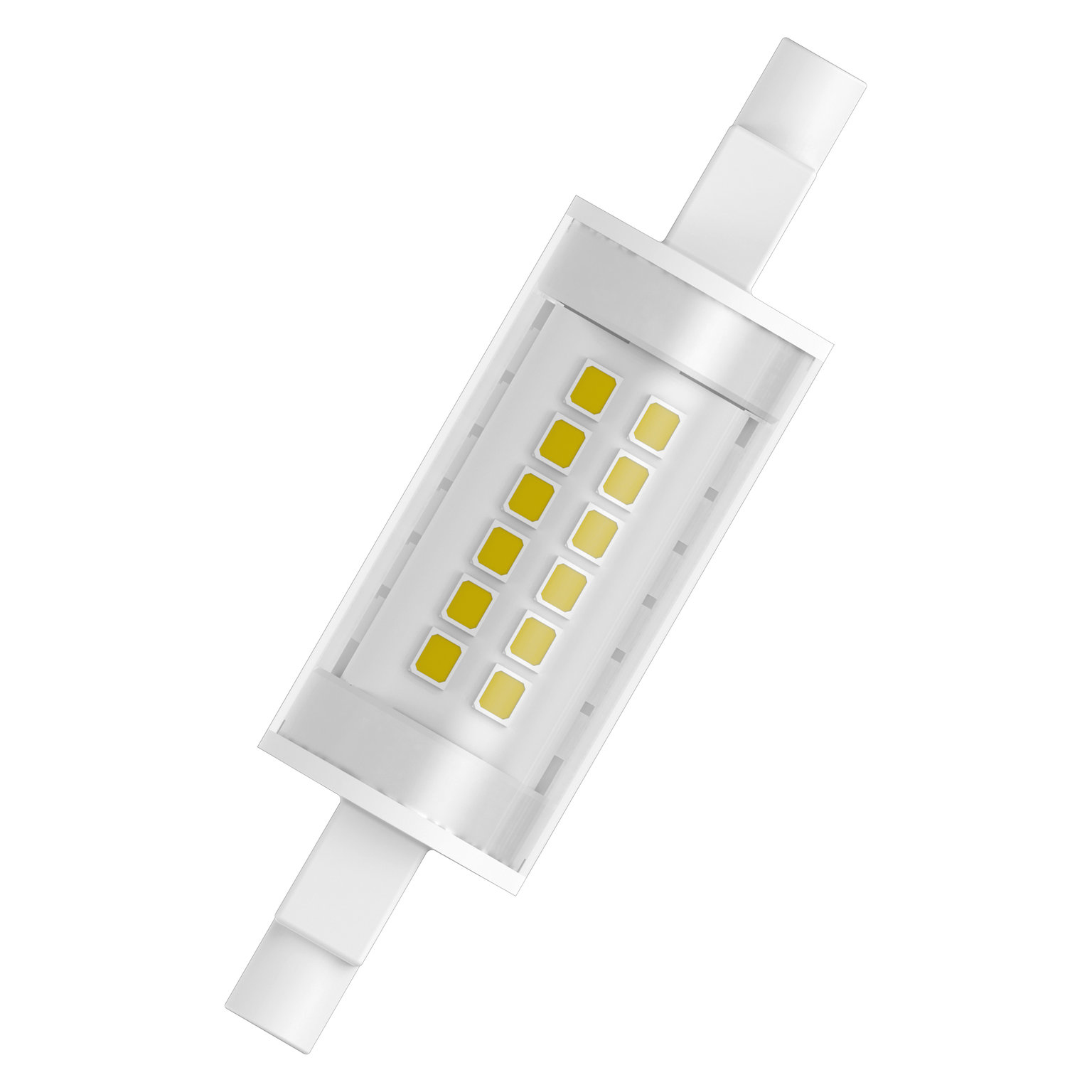 Una luce LED bianca. Ha 16 LED gialli in un telaio rettangolare, con bracci bianchi.