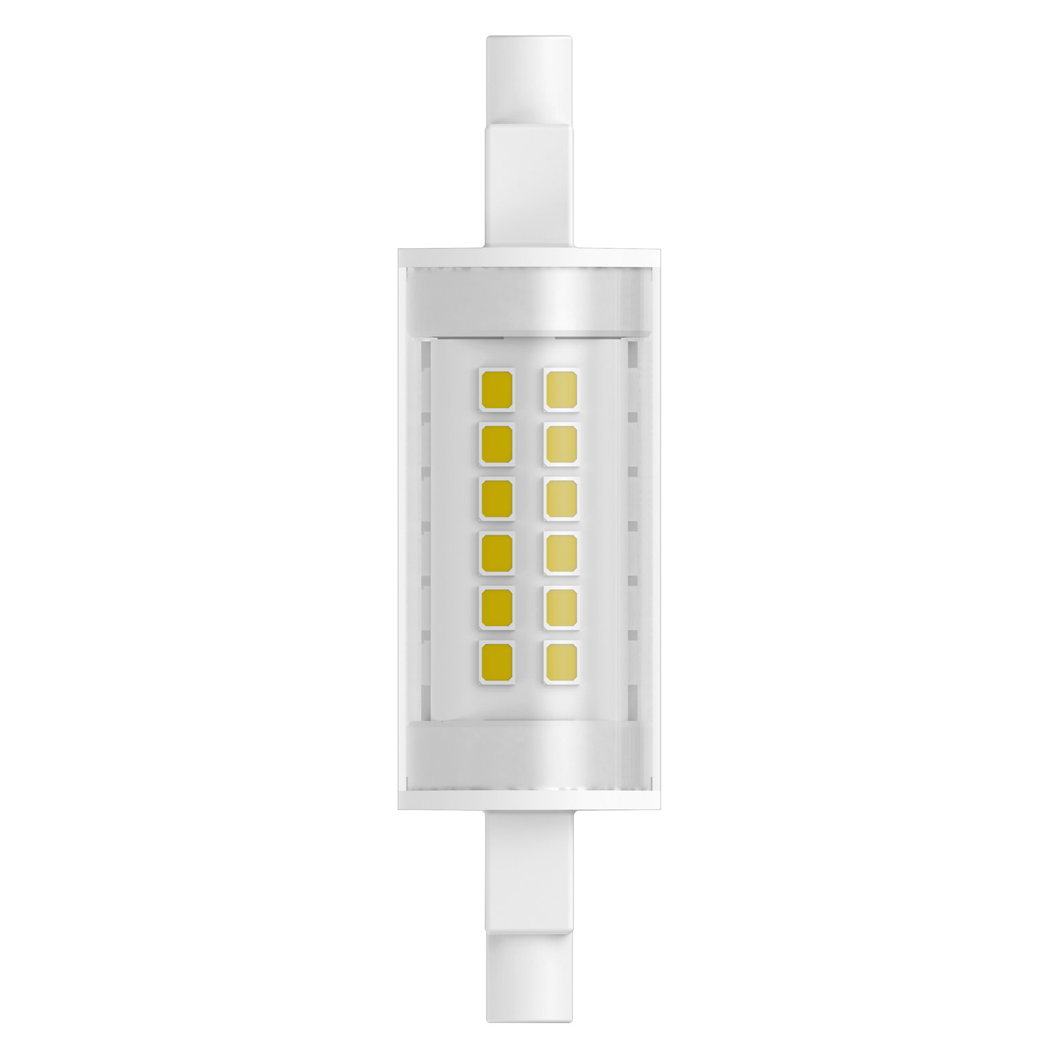 Una luce LED bianca, di forma rettangolare, ha luci LED gialle all'interno.