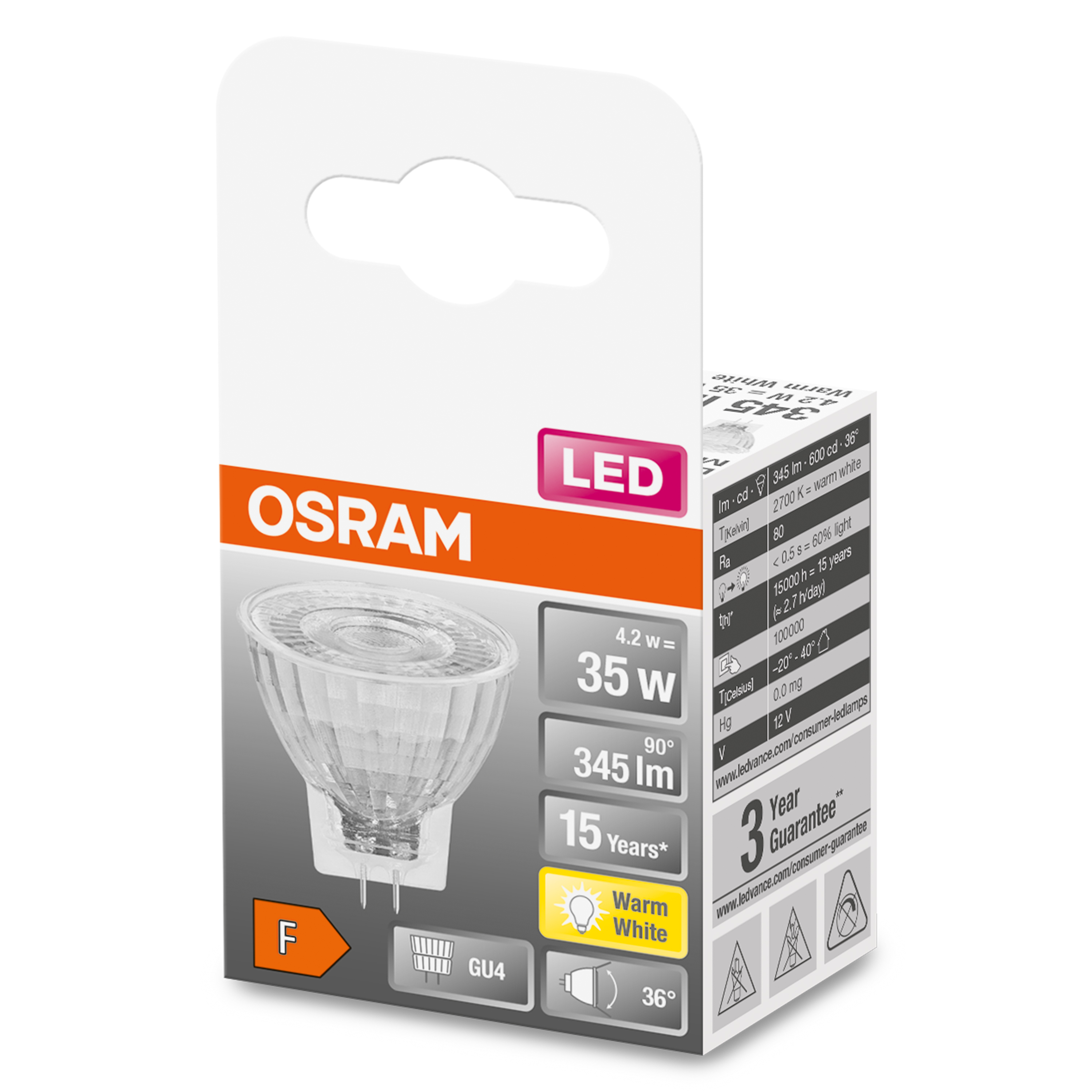 Biało-pomarańczowe opakowanie żarówki LED OSRAM. Widoczne szczegóły żarówki. Białe tło.