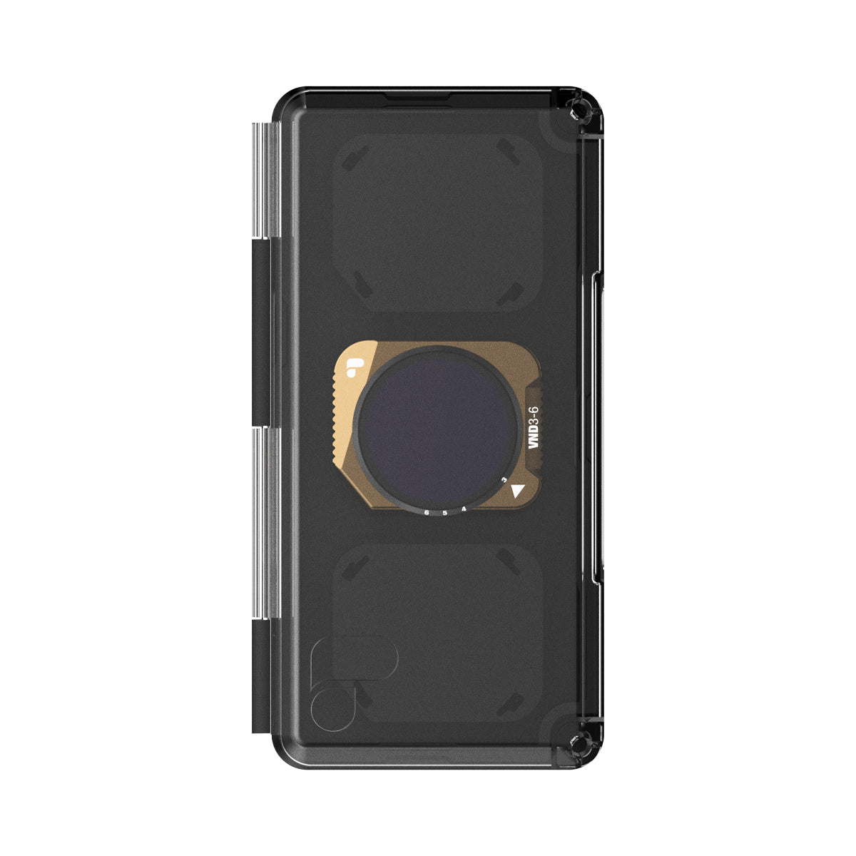 Czarny prostokątny uchwyt na filtr z trzema filtrami. Uchwyt jest w przezroczystym etui.