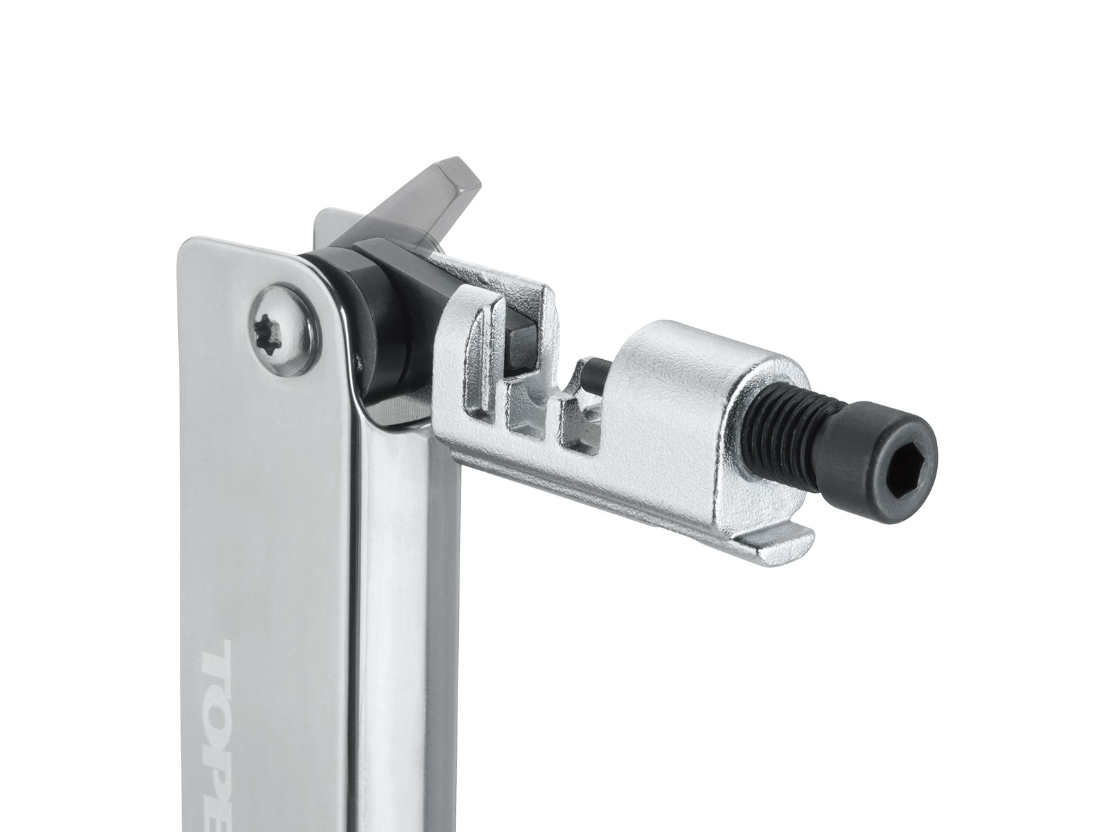 Zbliżenie srebrnego narzędzia do łańcucha rowerowego. Narzędzie ma uchwyt i różne elementy.