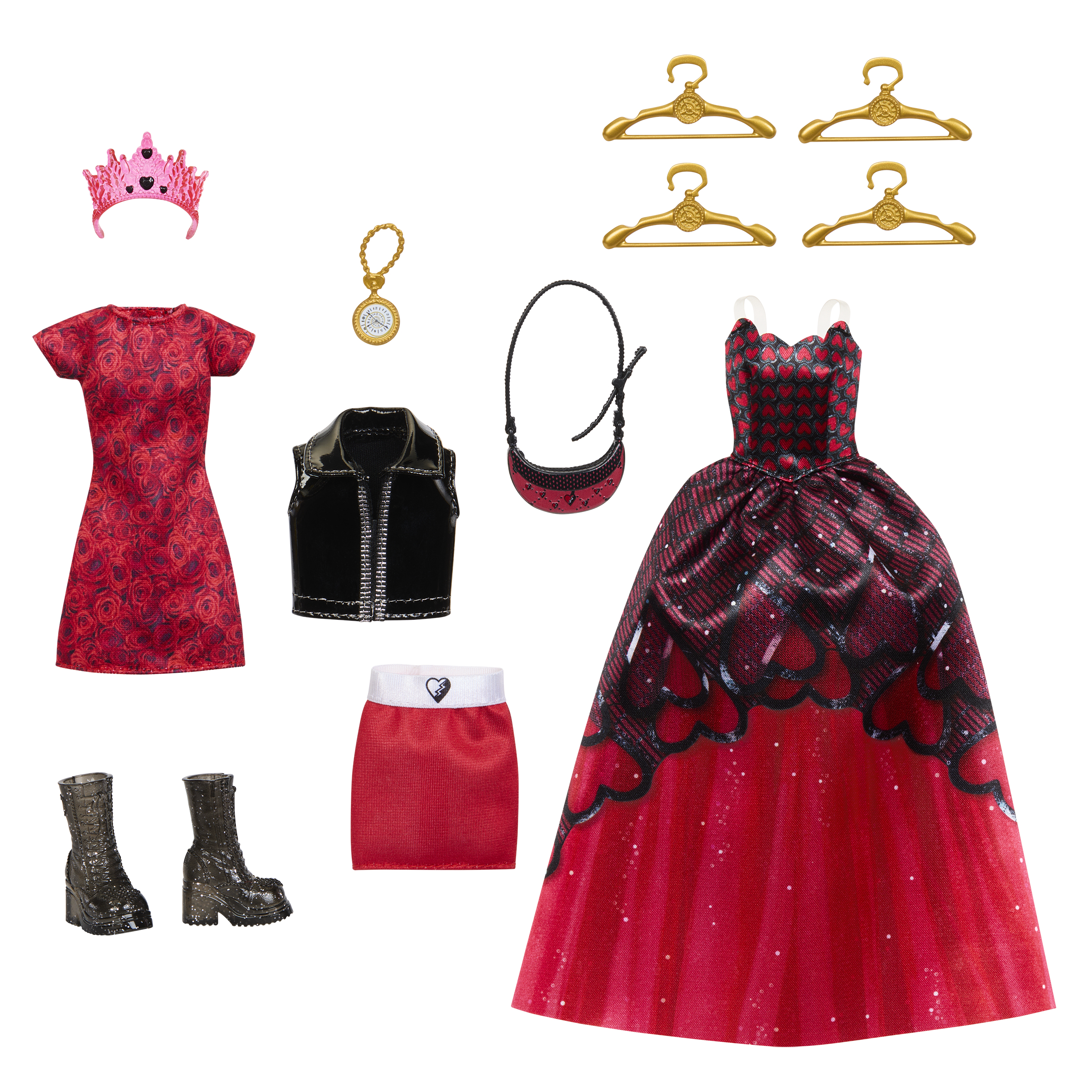 Przedmioty modowe dla lalek, w tym sukienki, akcesoria, buty i wieszaki.