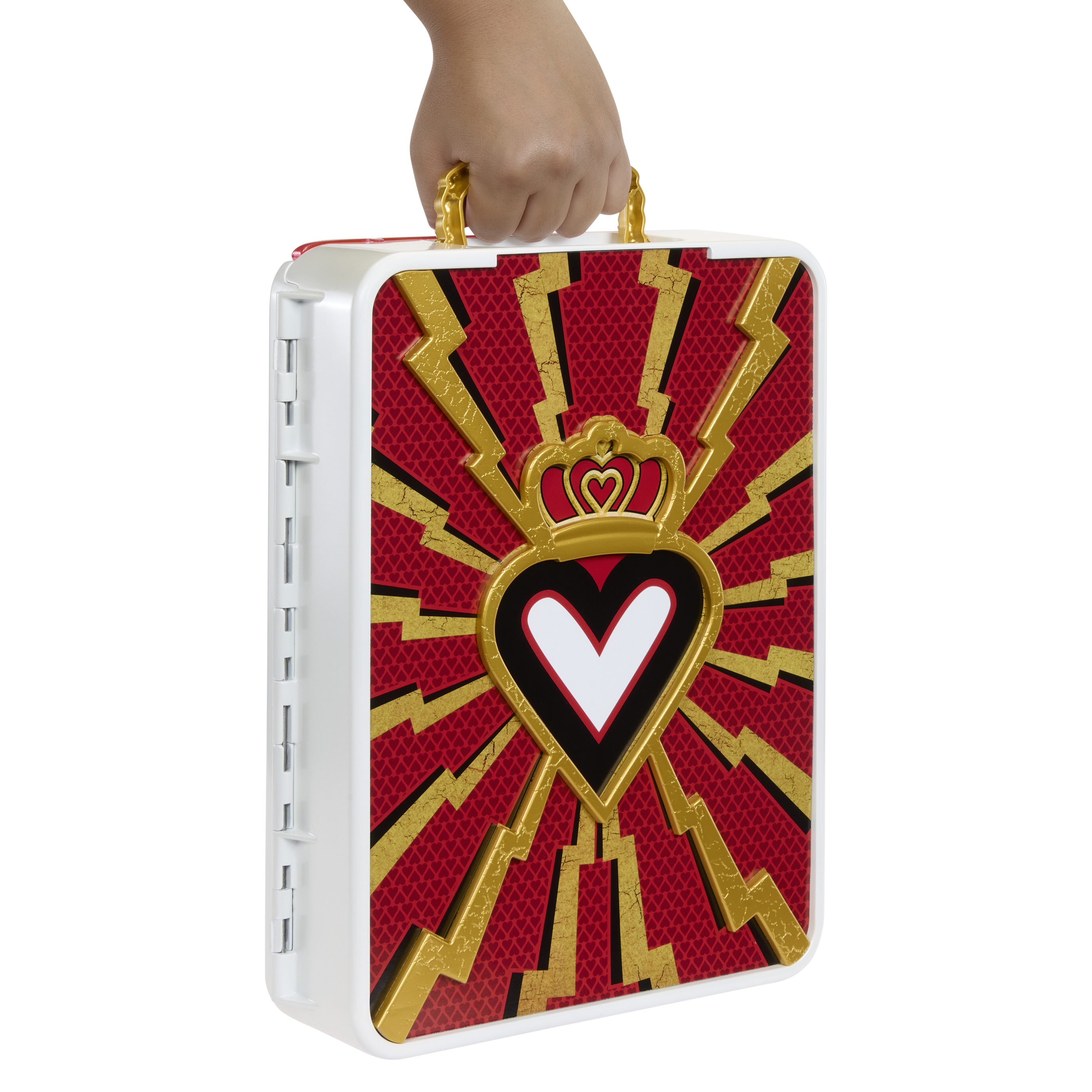 Ręka trzyma zamkniętą, czerwoną i złotą walizkę z motywem serca.