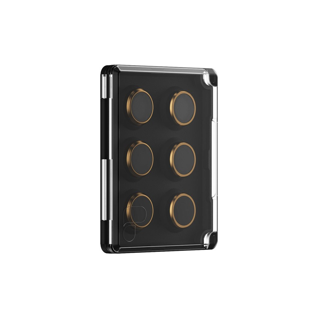 Sześć filtrów do aparatu ze złotymi obwódkami, pokazujących nazwy, na białym tle.