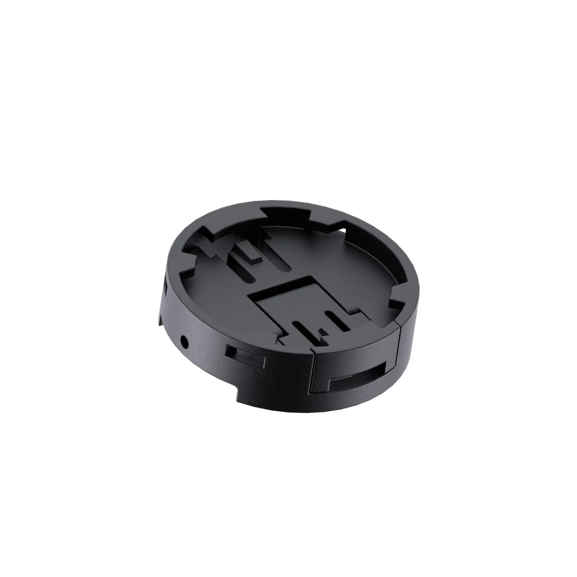Czarna okrągła podstawa, prawdopodobnie do montażu urządzenia elektronicznego, odizolowana na białym tle.