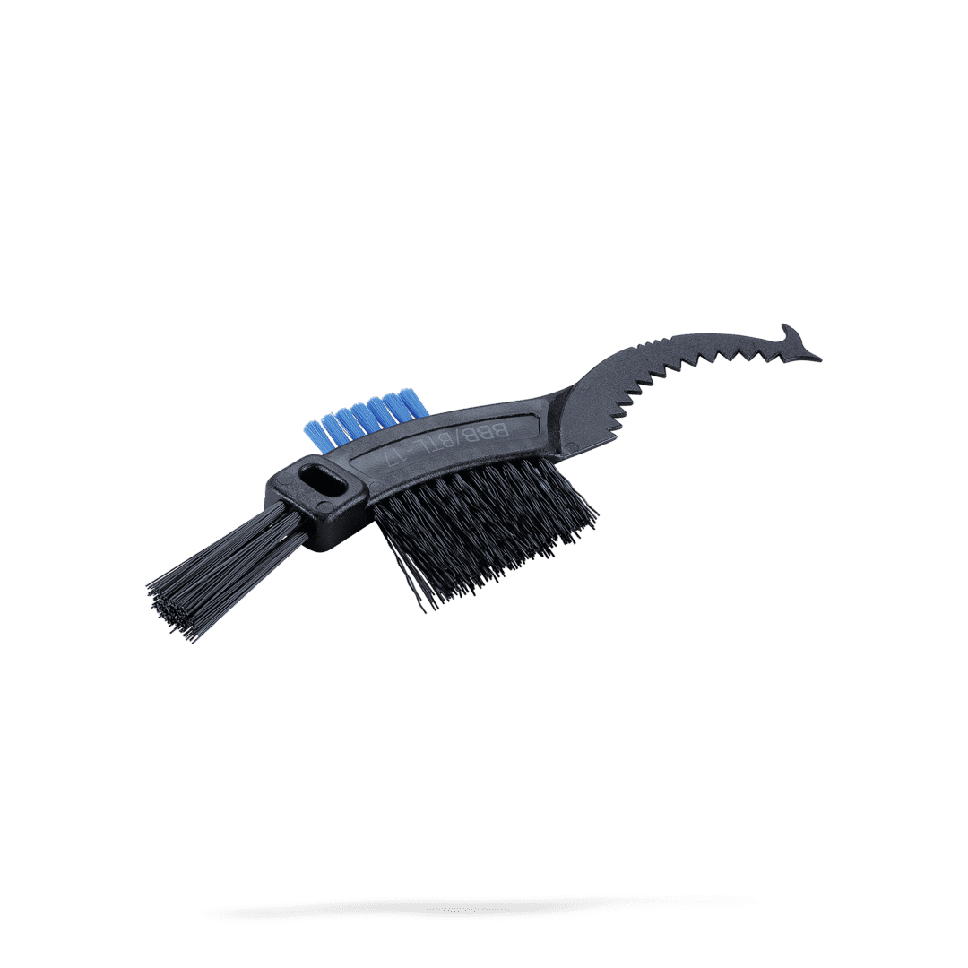 Szczotka do roweru z dwiema główkami szczotki i zakończona hakiem.