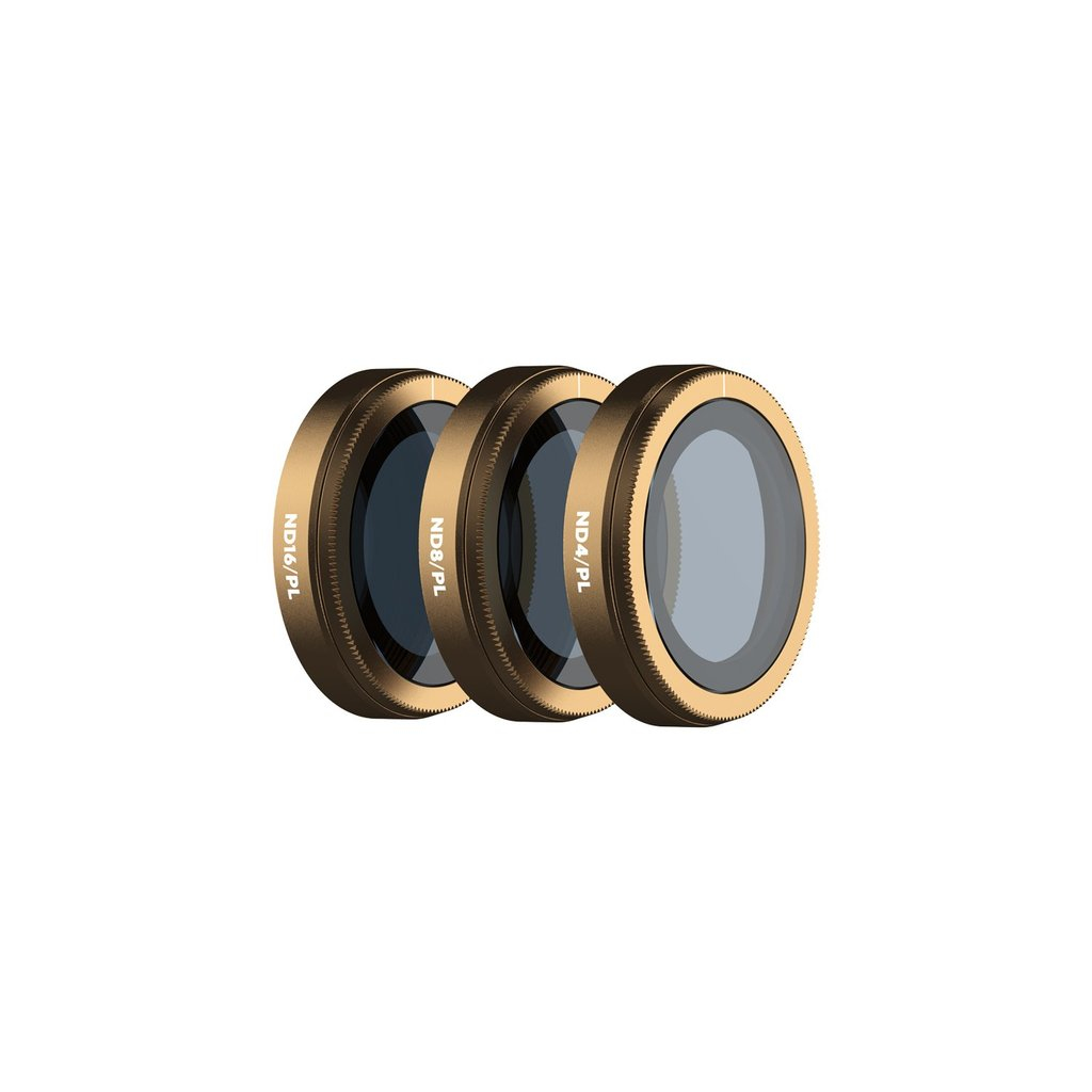 Drei Kameraobjektivfilter. Sie haben goldene Ränder mit dunklem Glas. Der Text darauf lautet ND16/PL, ND8/PL, ND4/PL.