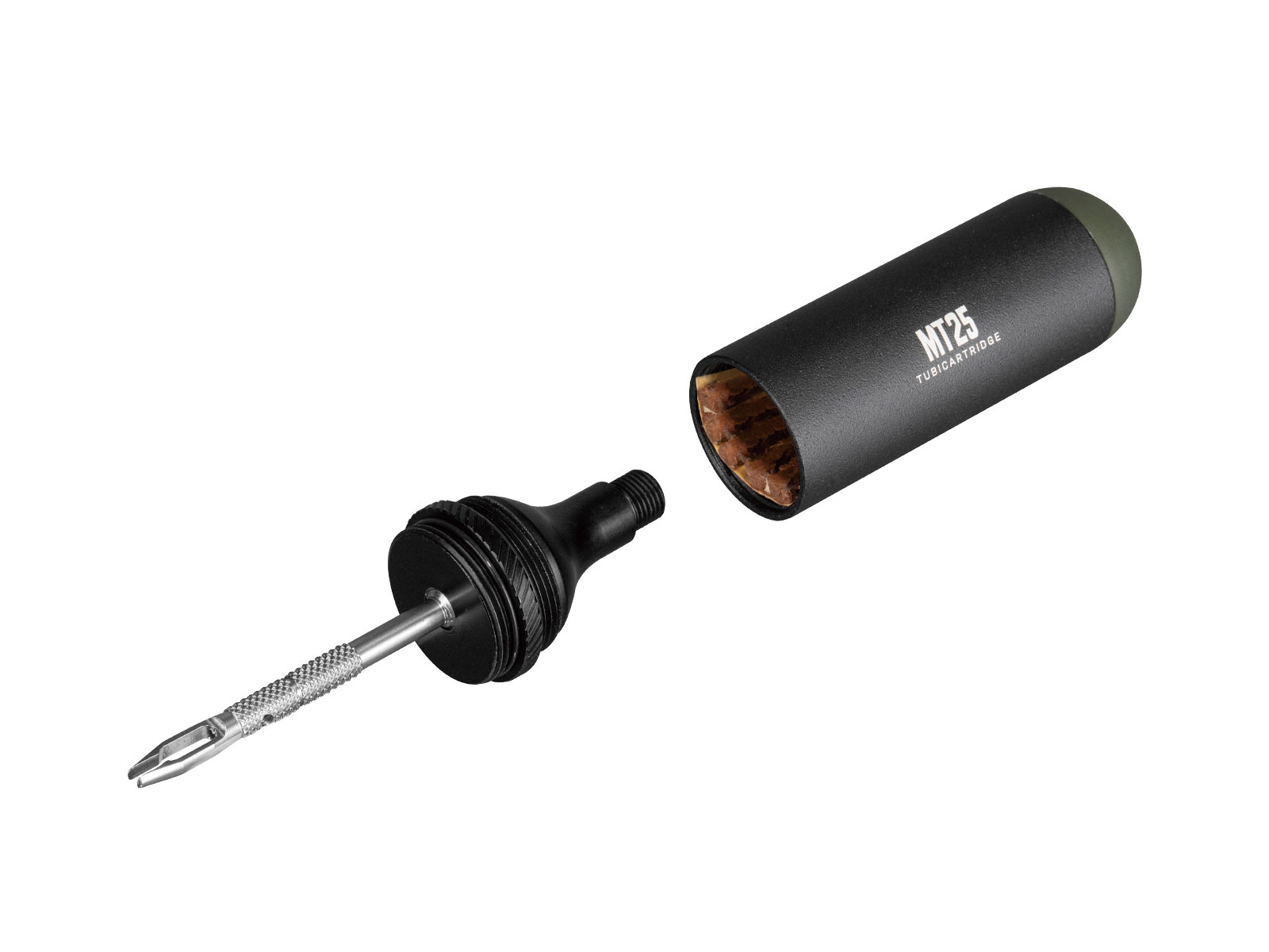 Narzędzie do naprawy opon zdemontowane na białym tle. Narzędzie jest czarne i cylindryczne.