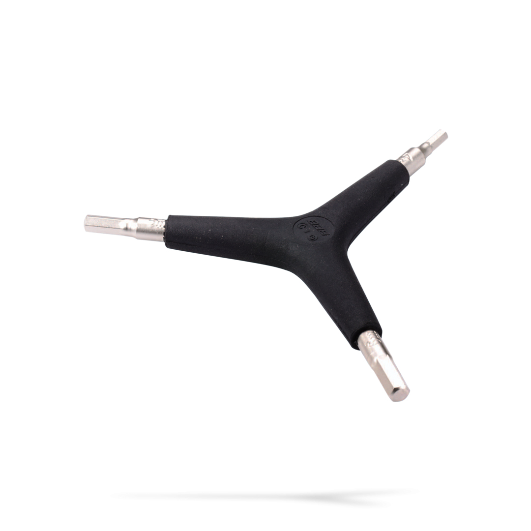 Czarny narzędzie w kształcie litery Y z trzema srebrnymi bitami z łbem sześciokątnym, na białym tle.