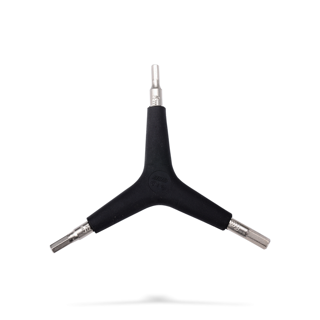 Narzędzie rowerowe w kształcie litery Y, czarne i srebrne, z trzema głowicami. Narzędzie jest na białym tle.
