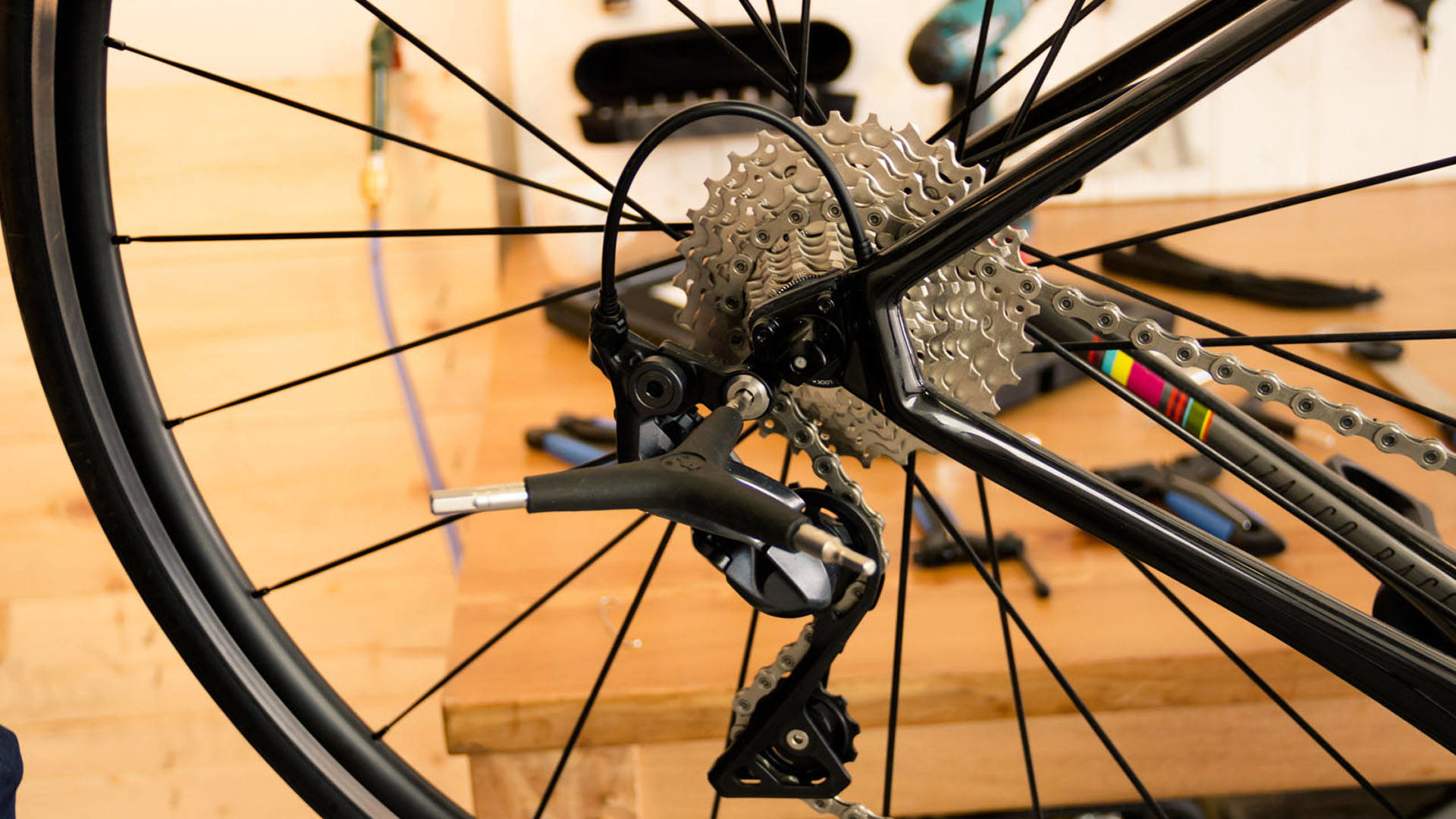 Zbliżenie tylnego koła i przerzutek roweru. Koło jest czarne ze szprychami, przerzutki srebrne.