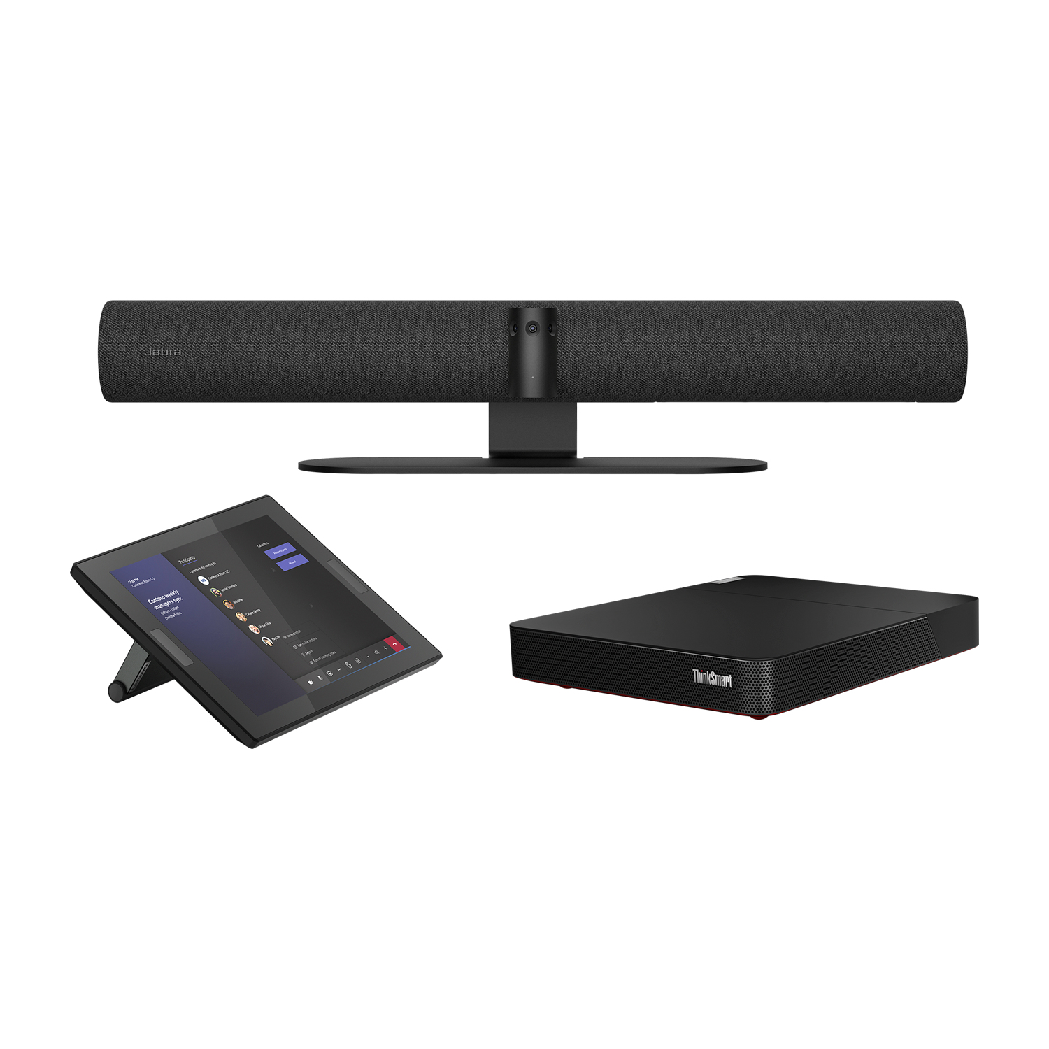 Eine Soundbar, ein Tablet und eine schwarze Konferenzsteuereinheit auf weißem Hintergrund.