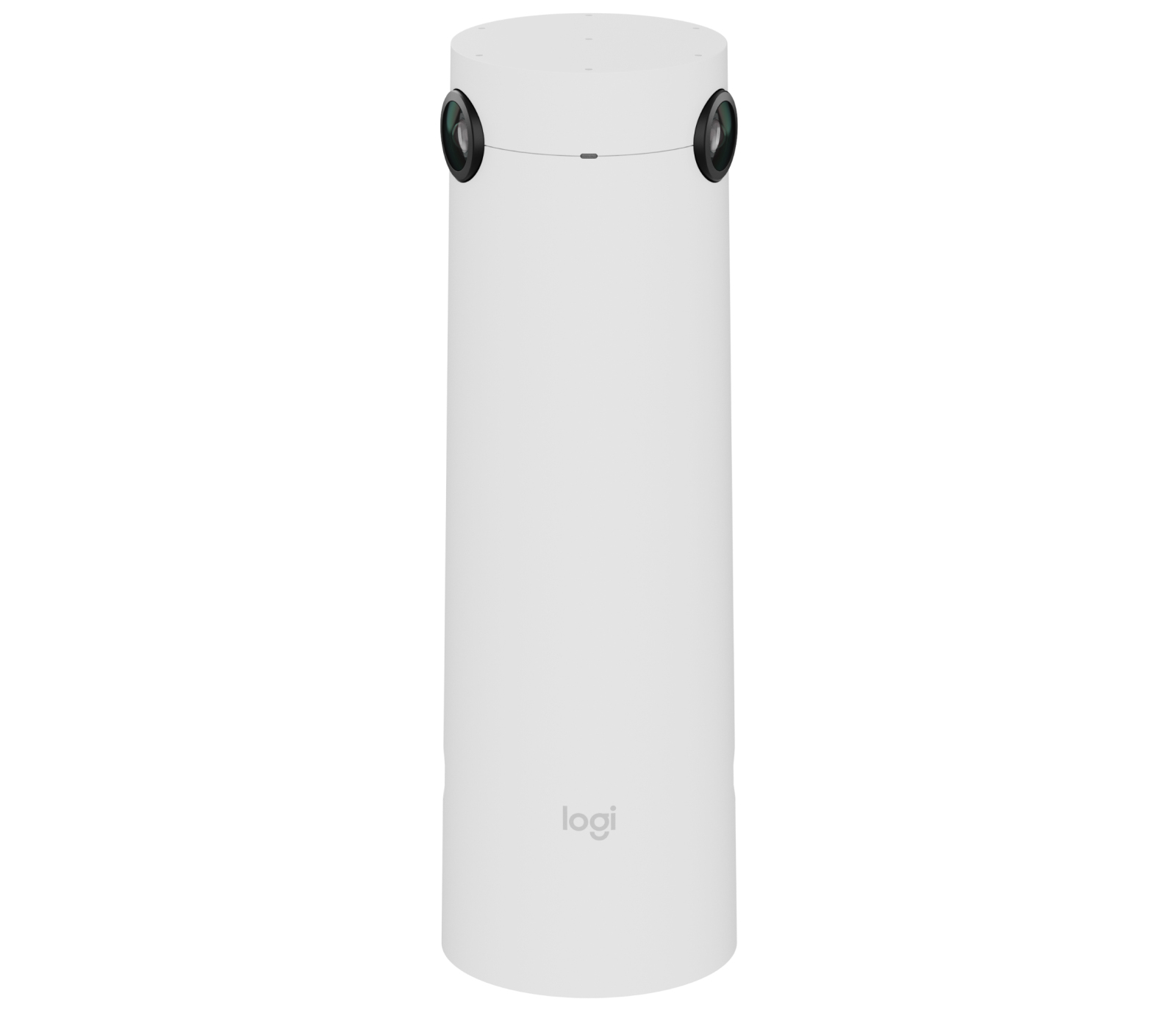 Caméra cylindrique blanche avec deux lentilles noires sur le dessus. Le mot 'logi' est imprimé sur le devant.