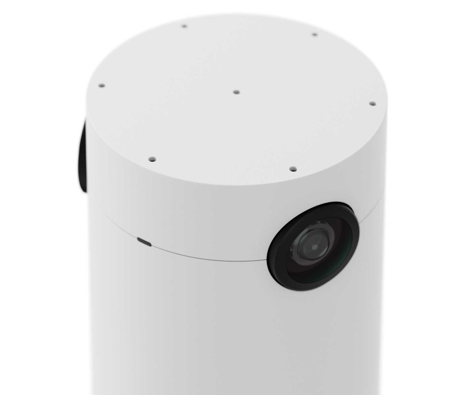 Caméra 360 degrés blanche. Forme cylindrique. Lentille et détails noirs. Vue de dessus.