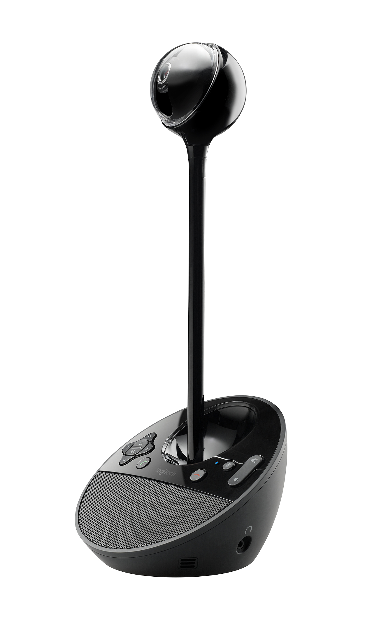 Webcam nera con collo lungo e curvo e base. La webcam ha una telecamera e un array di microfoni.
