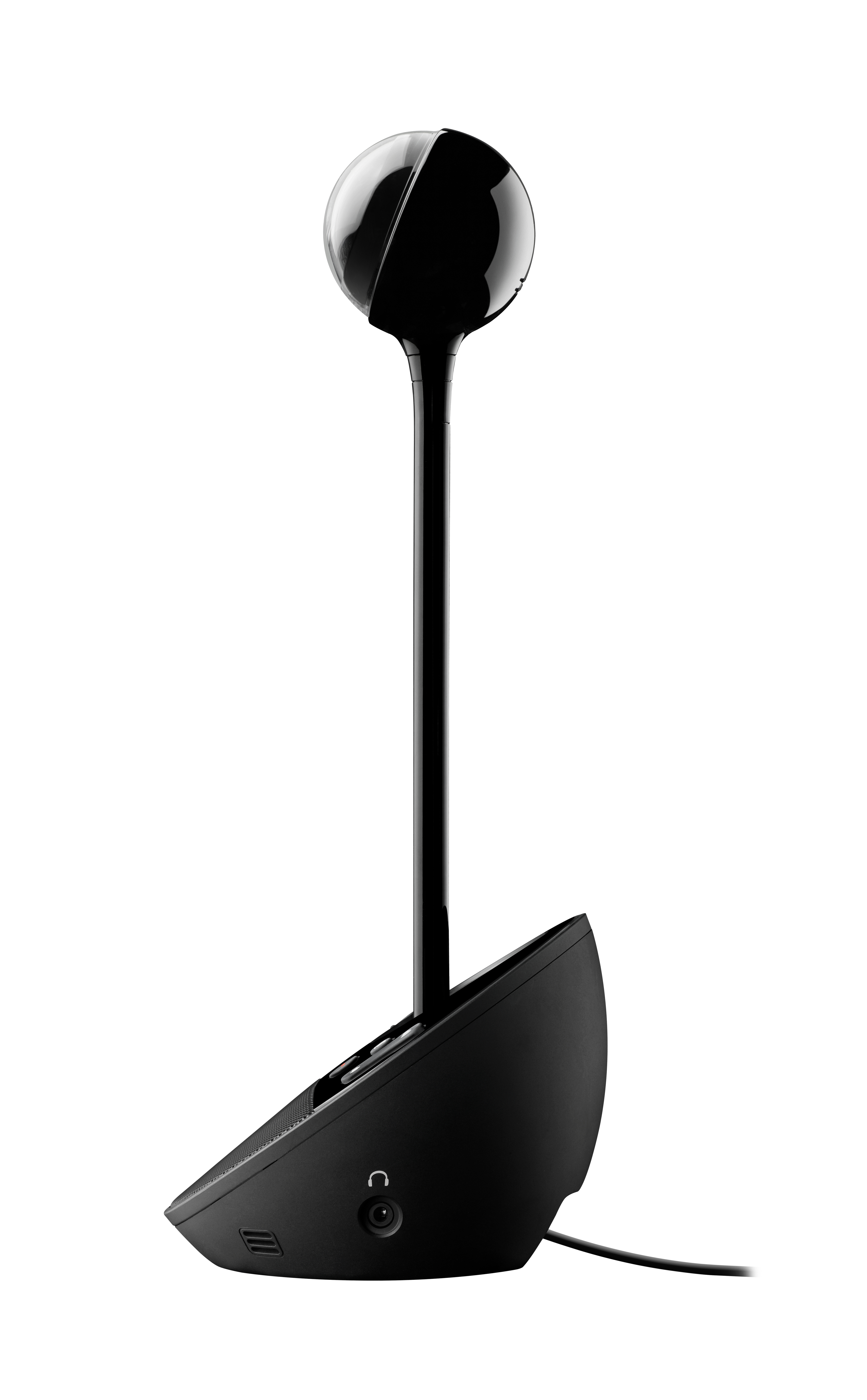Un microfono nero con un gambo e una base curvi, su sfondo bianco.