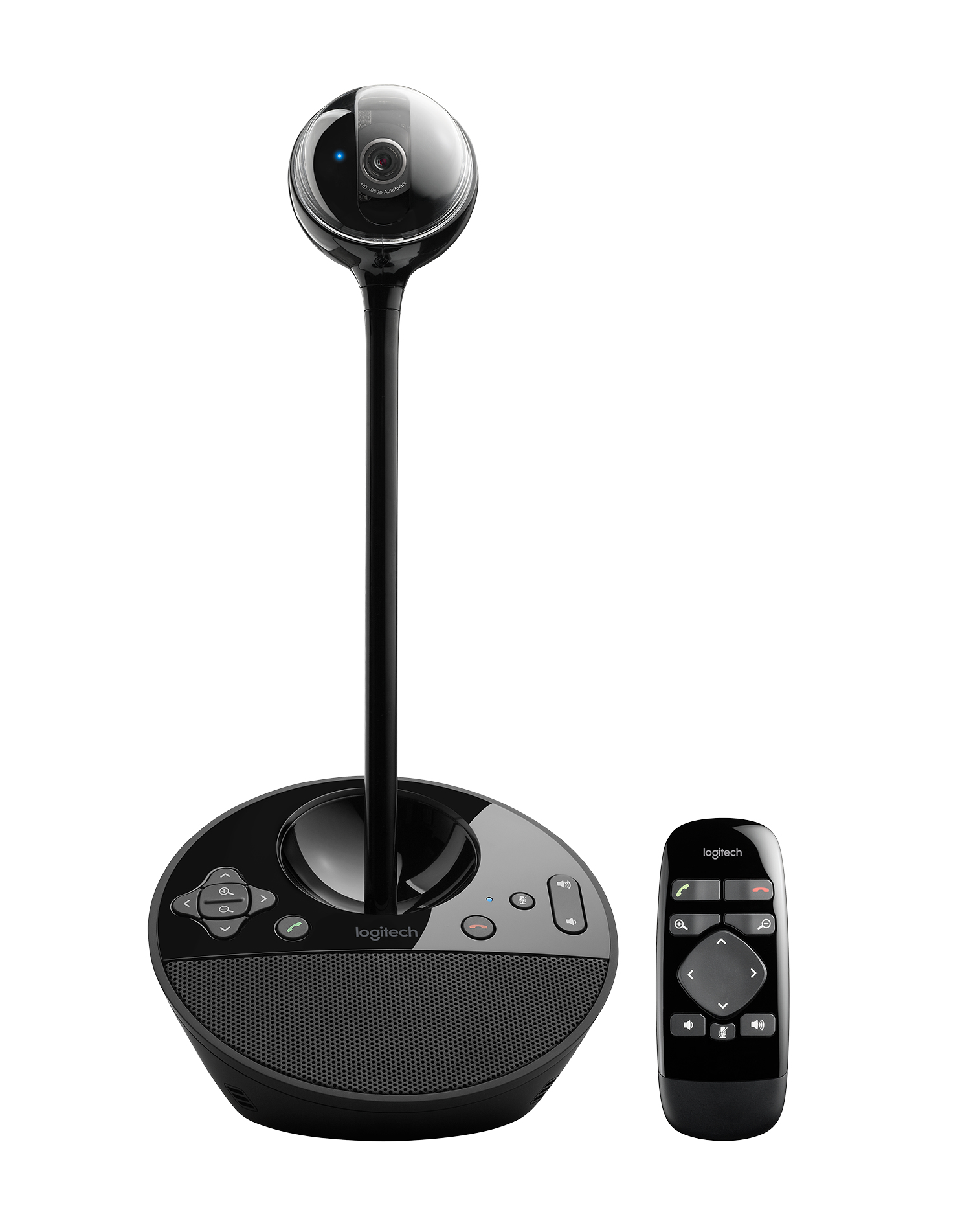 Webcam e telecomando Logitech neri. La webcam ha una testa di telecamera e una base con pulsanti e altoparlante.