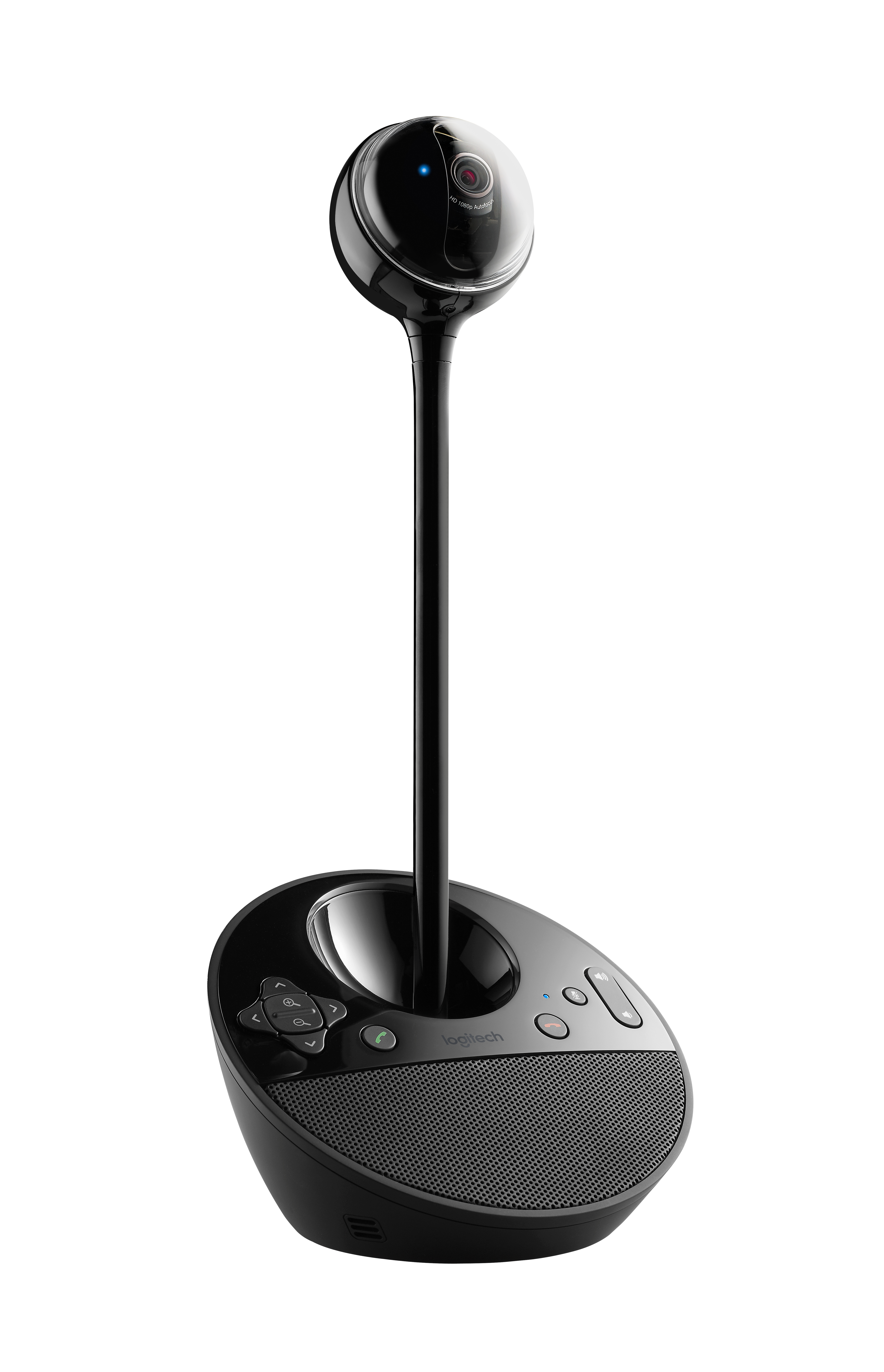 Videocamera per videoconferenze nera. Ha un supporto lungo e una base con pulsanti.