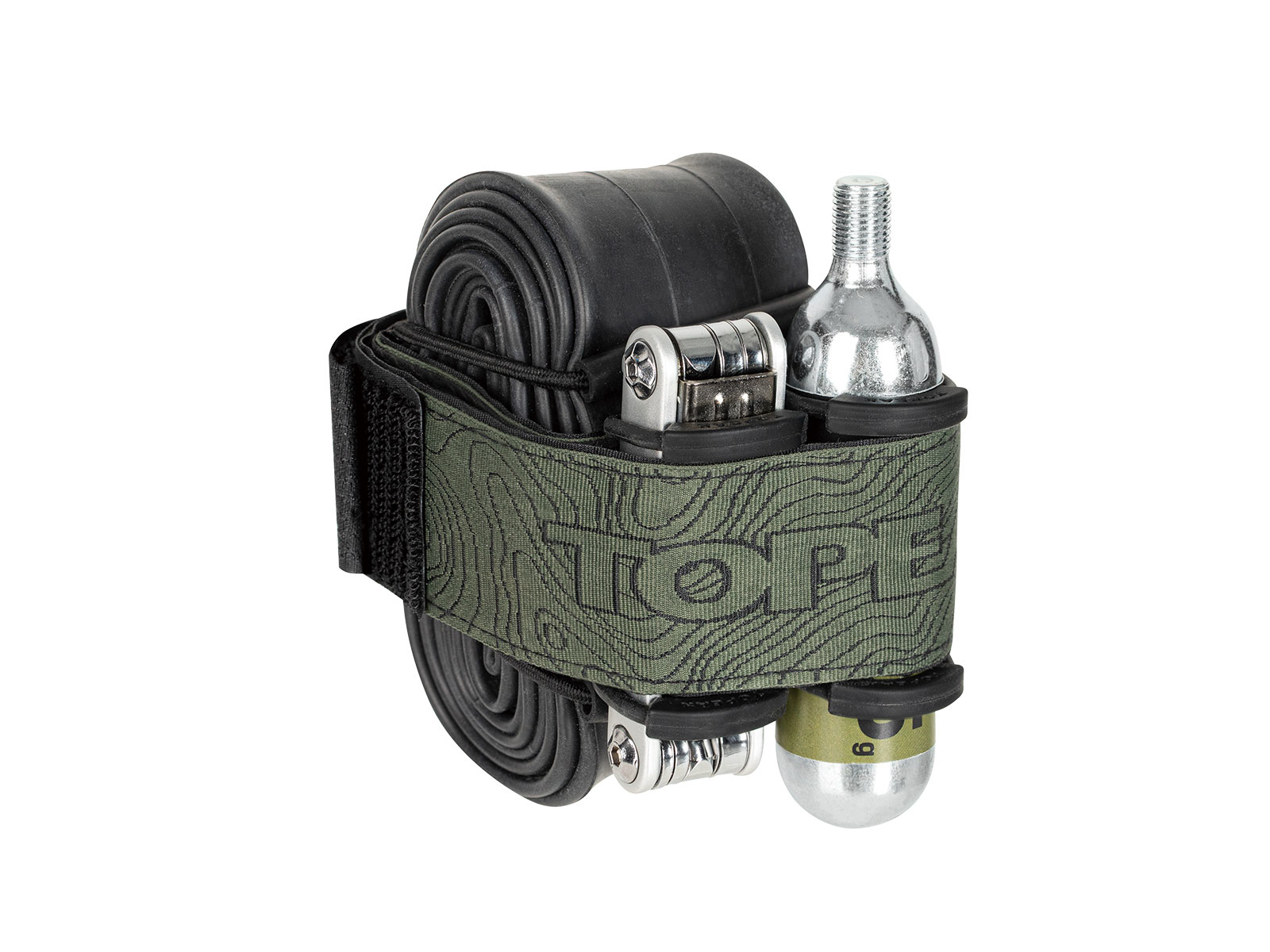 Zestaw naprawczy do opon rowerowych w zielonej, wzorzystej torbie. Zawiera zapasową oponę i narzędzia.