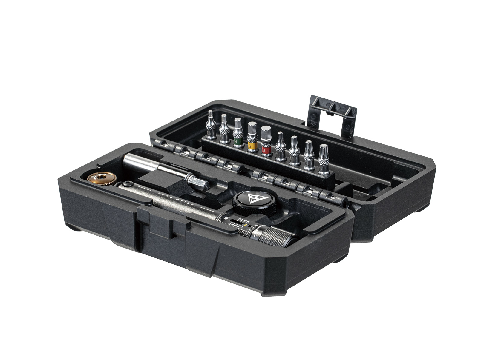 Czarny zestaw narzędzi, otwarty, pokazujący narzędzia i bity. Białe tło.