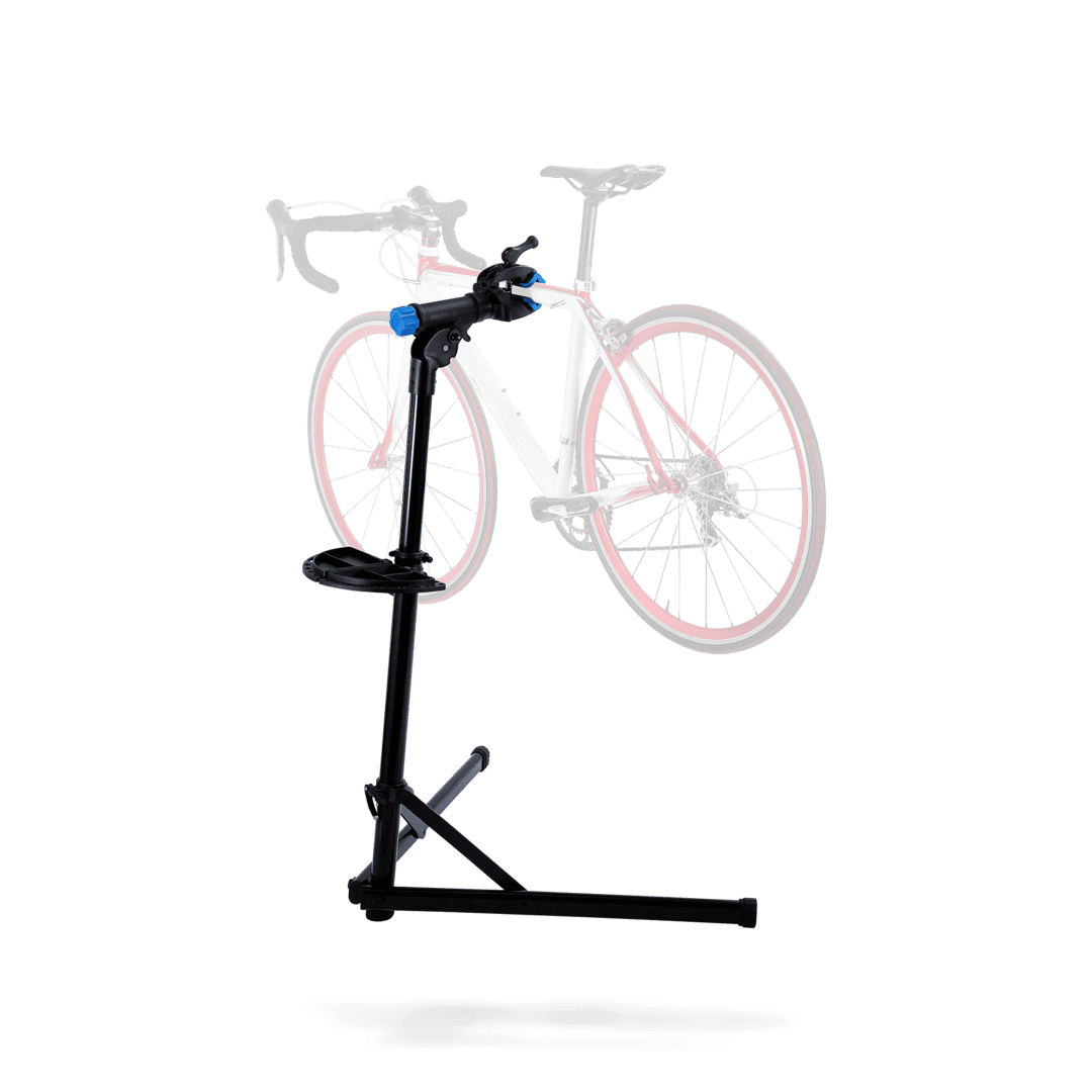 Czarny stojak do naprawy roweru, czarno-niebieskie detale, białe tło, sylwetka roweru.