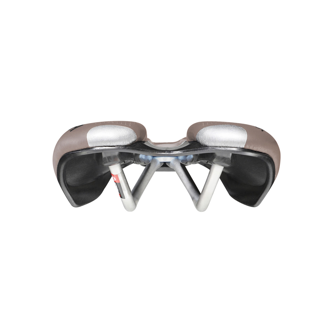 Siodło rowerowe na białym tle, widok z góry. Szary i srebrny kolor.