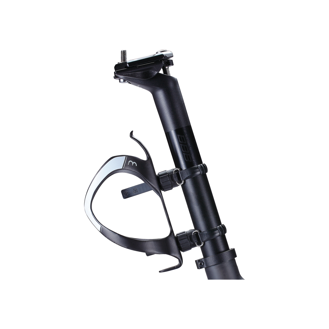 Czarna sztyca podsiodłowa z dołączonym koszykiem na bidon. Tło jest białe.