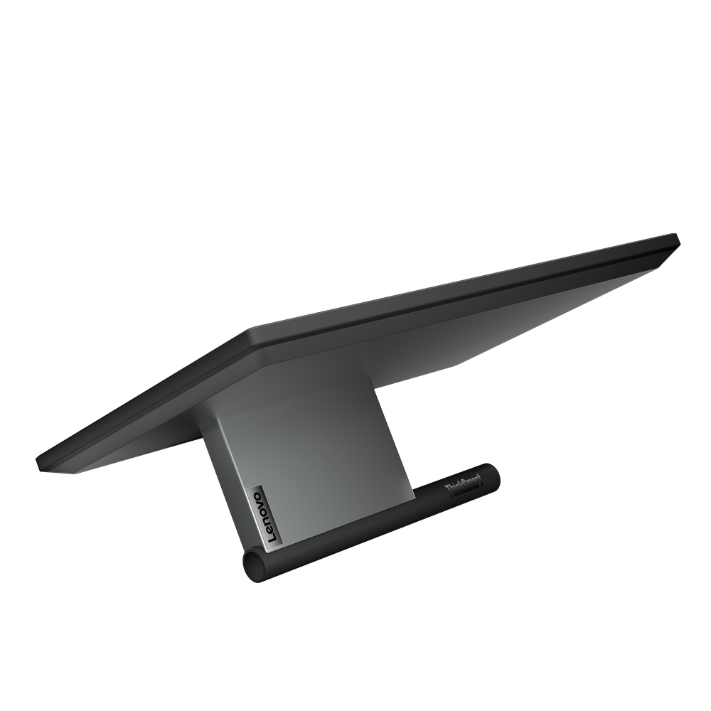 Un monitor Lenovo nero con supporto grigio, angolato verso l'alto su sfondo bianco.