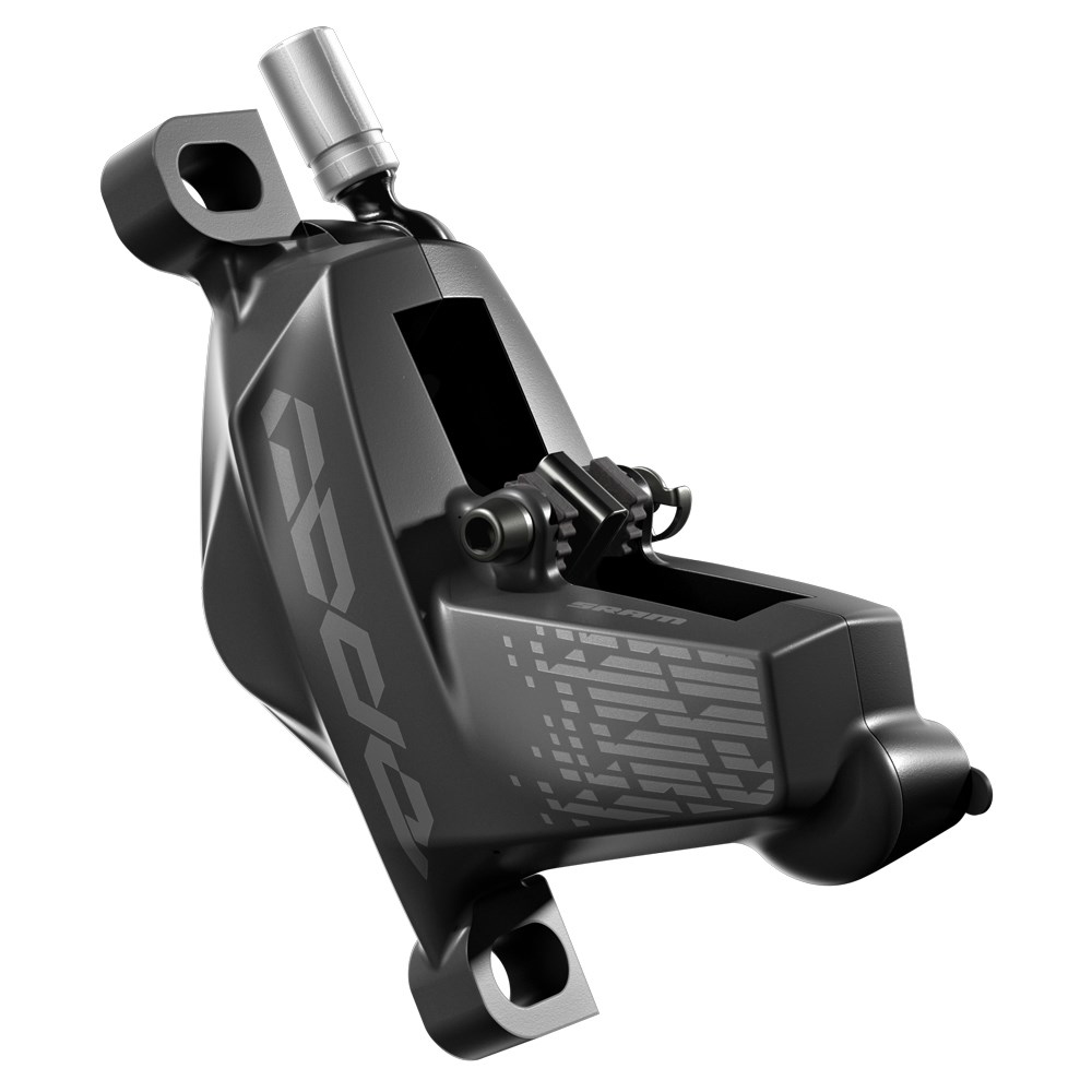 Czarny zacisk hamulcowy. Srebrna dźwignia. Szary tekst i grafika. Białe tło.