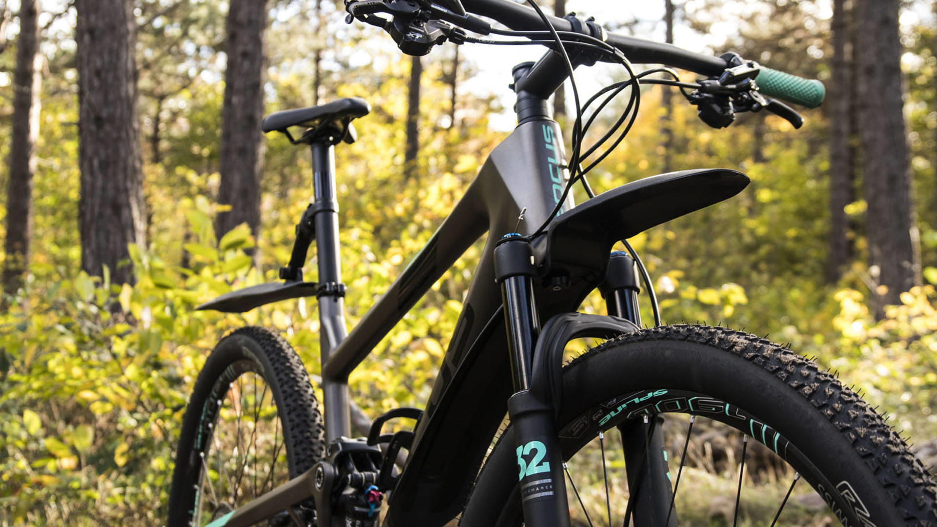 Rower górski w lesie. Rower jest czarny i szary. Tło pokazuje drzewa.