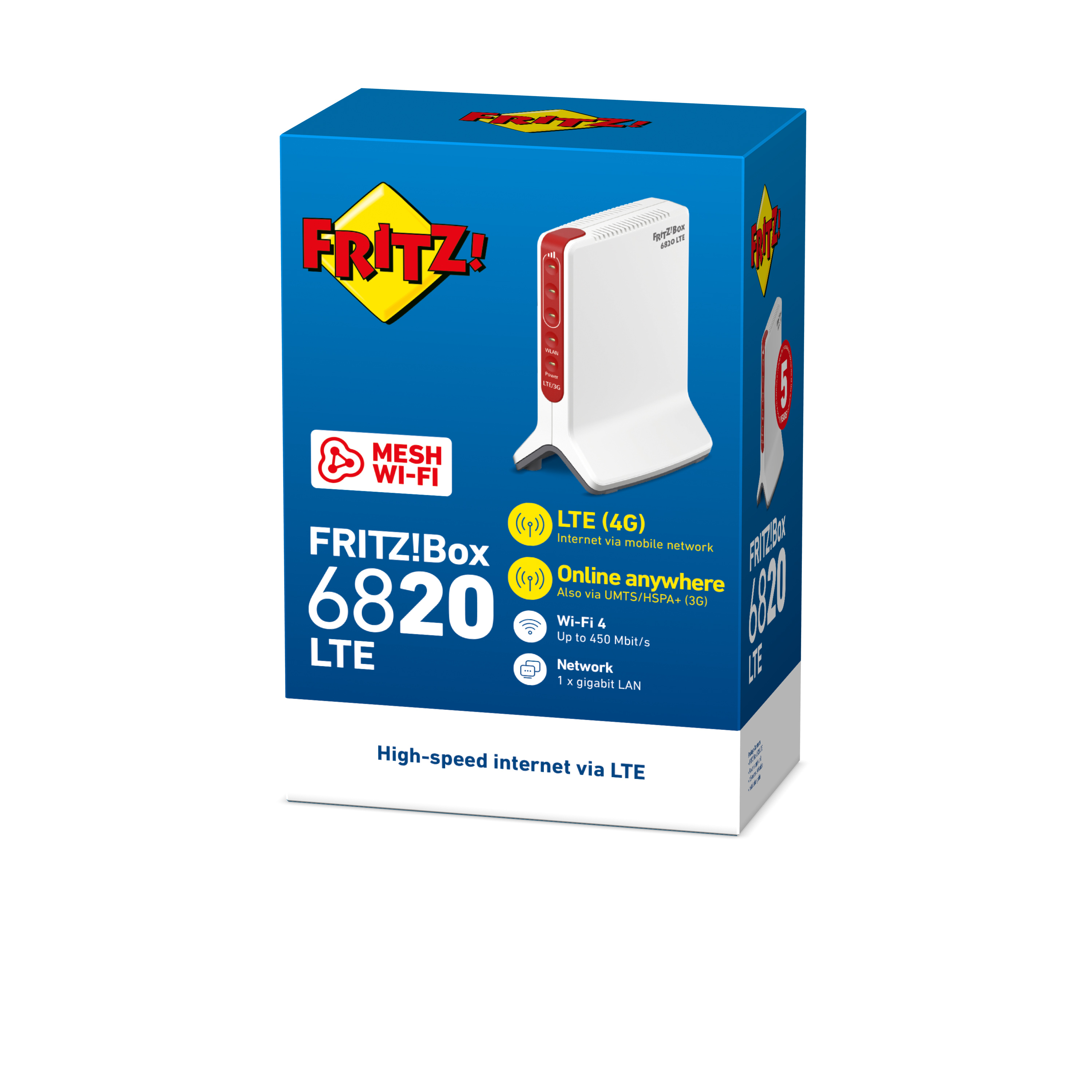 Caja con un router FRITZ!Box 6820 LTE. Texto e iconos en la caja.