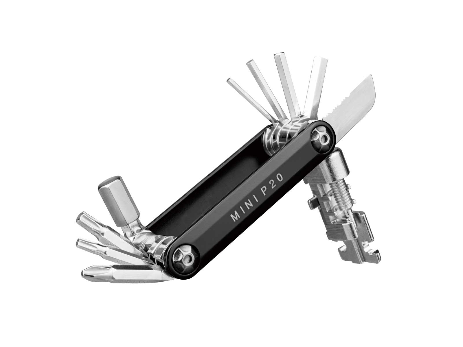 Czarny multi-tool, Mini P20, z różnymi narzędziami. Białe tło.