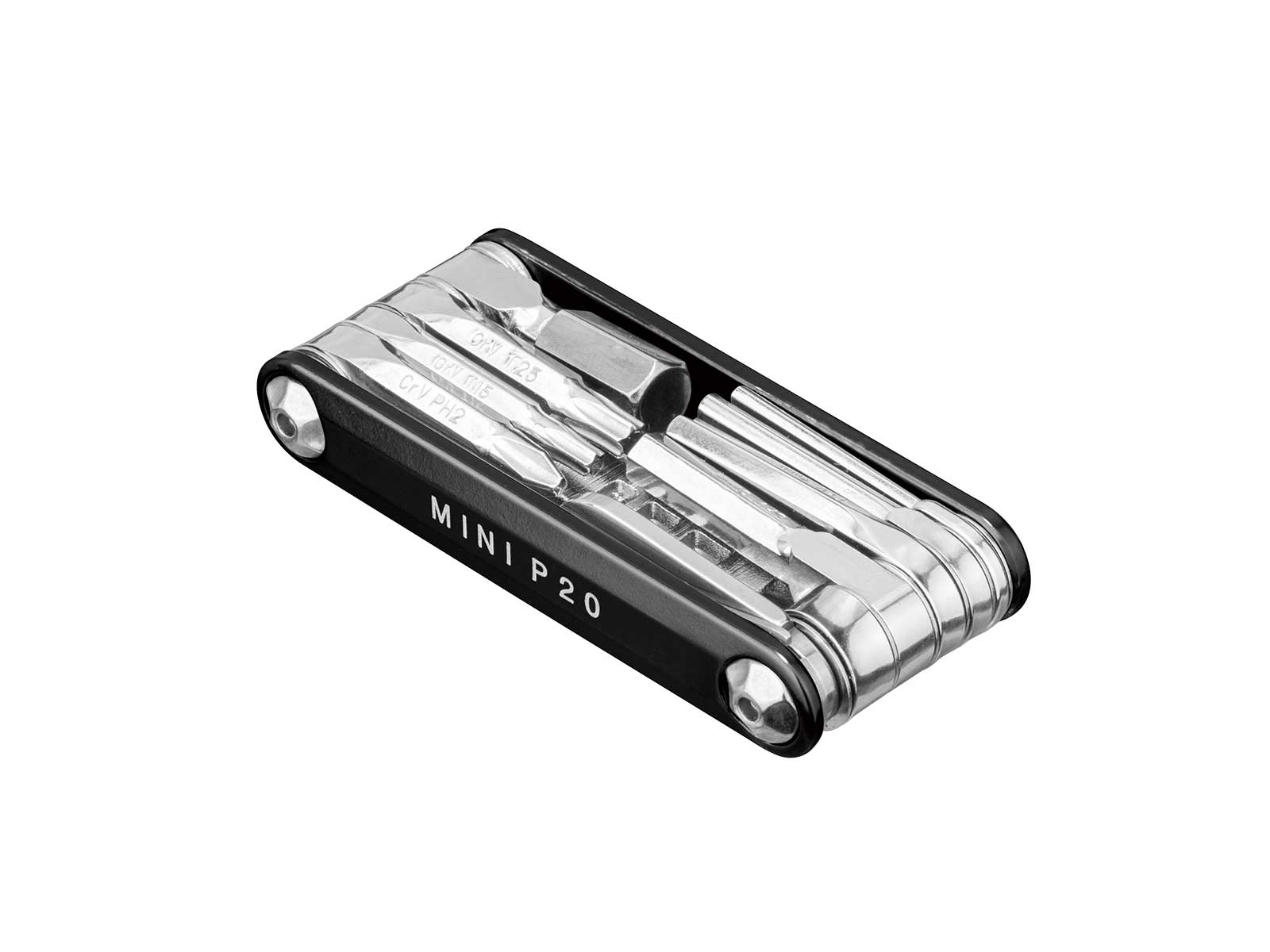 Czarny mini multi-tool z różnymi srebrnymi narzędziami i czarną ramką.