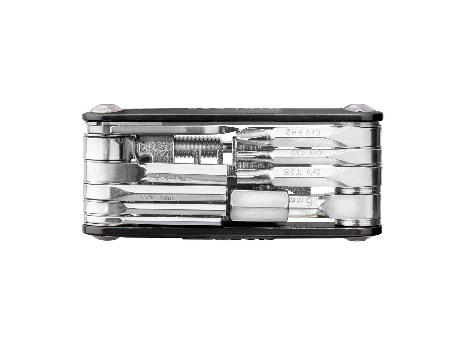 Wielofunkcyjne narzędzie z różnymi bitami. Czarne i srebrne, do konserwacji roweru.