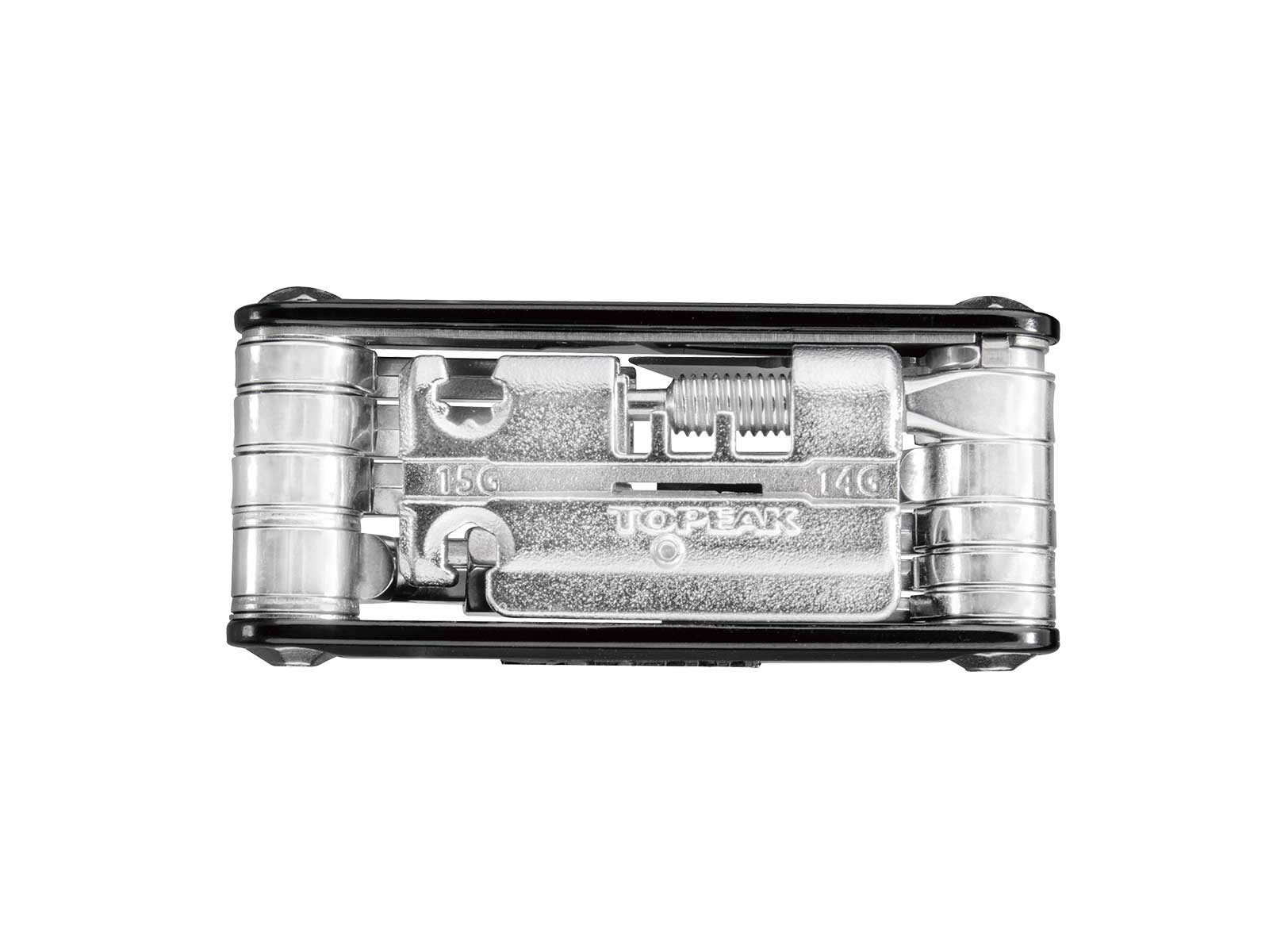 Narzędzie wielofunkcyjne Topeak, z widocznymi różnymi narzędziami, na białym tle, widok z góry.