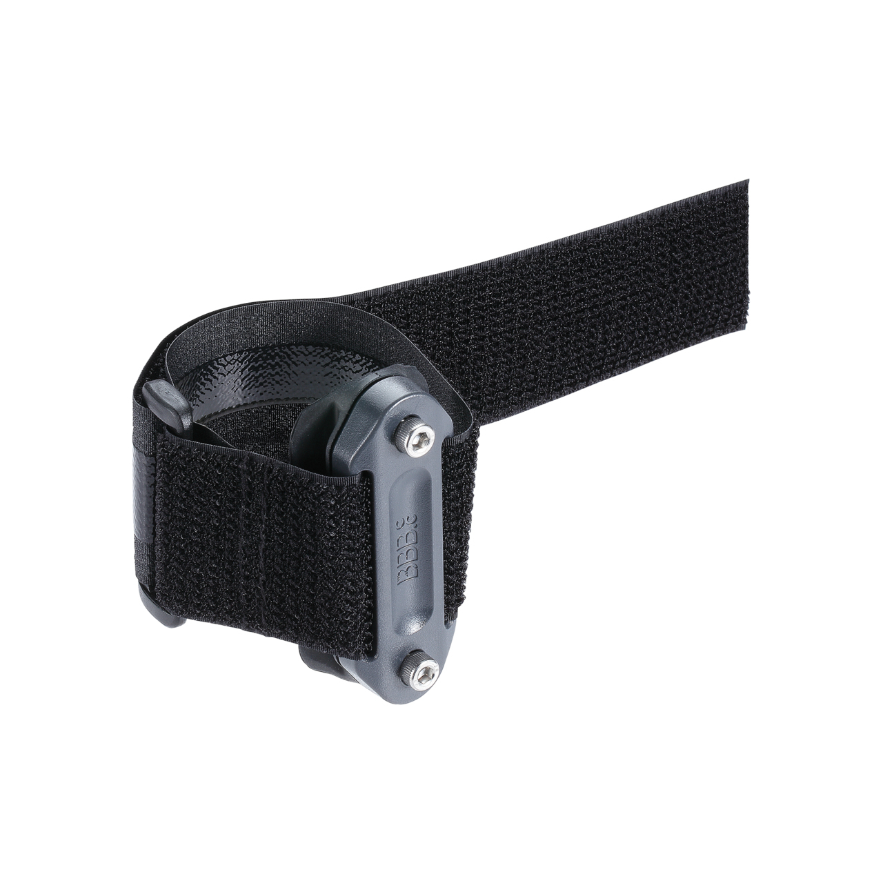 Czarny pasek na rzep z szarą i czarną częścią montażową.