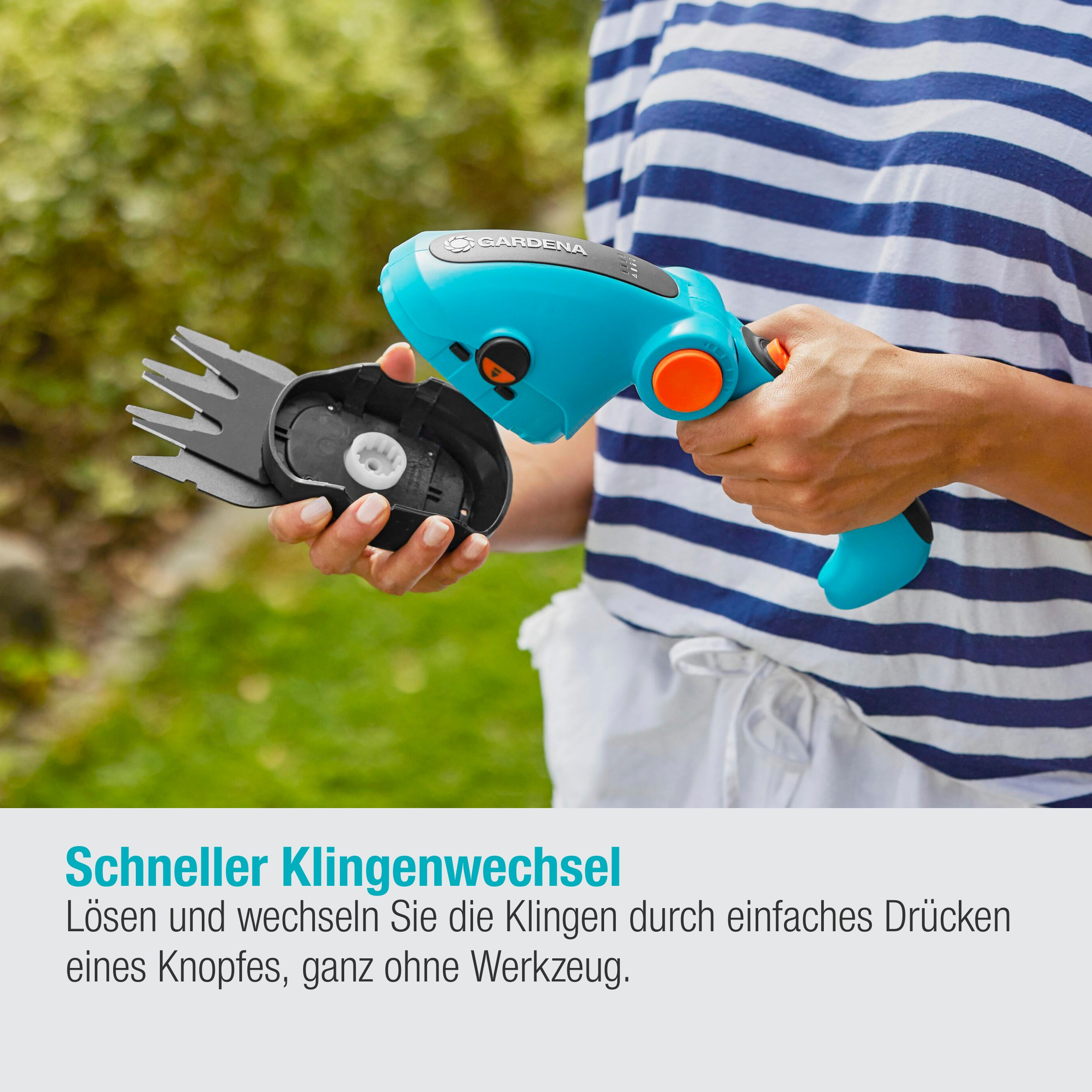 Osoba trzymająca niebiesko-czarne narzędzie ogrodnicze, nakładka tekstowa.