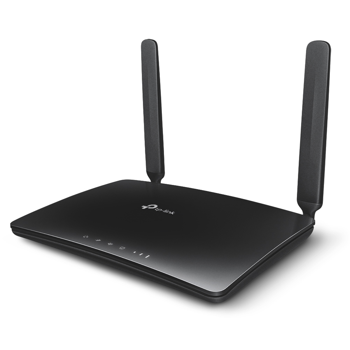 Router TP-Link negro con dos antenas. Se encuentra sobre una superficie blanca, mostrando un diseño limpio.