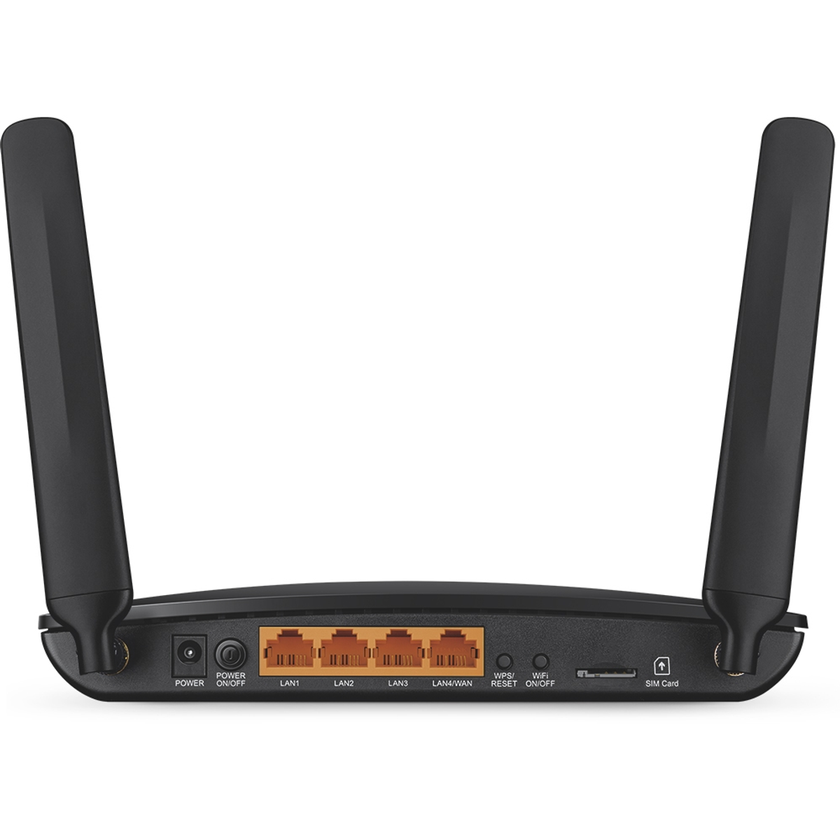 Un router negro con antenas y puertos, visto desde atrás.