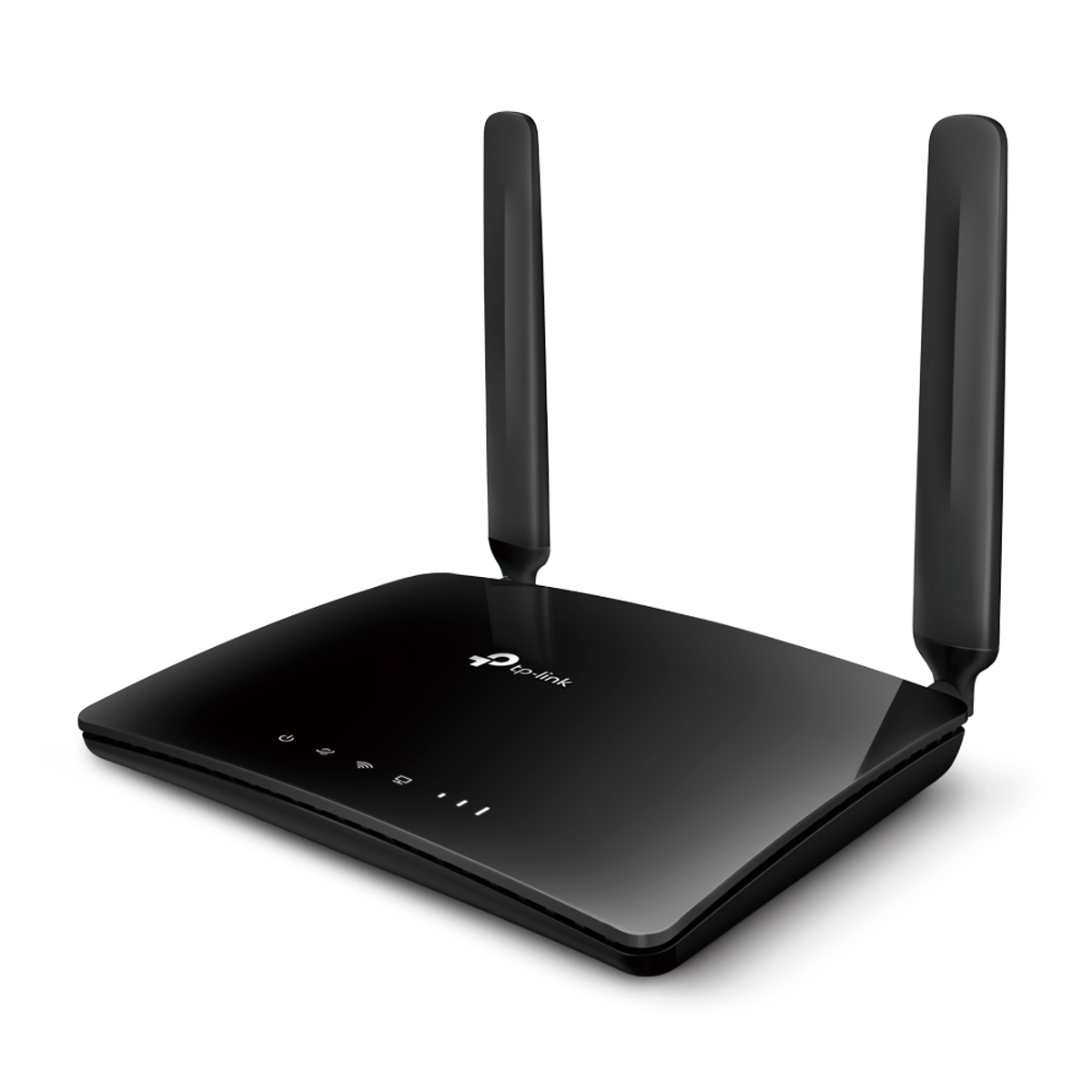 Router TP-Link negro con dos antenas, sobre fondo blanco.