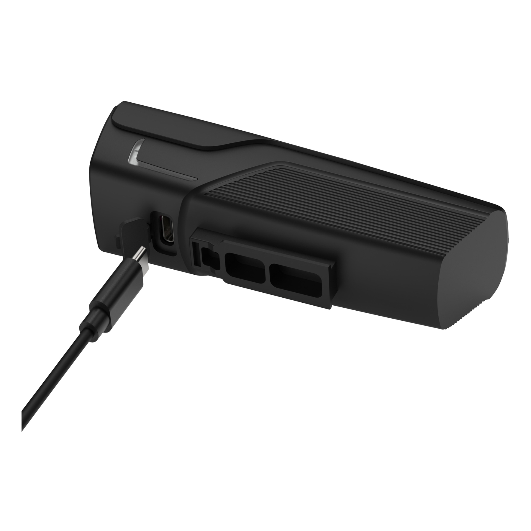 Czarne urządzenie z podłączonym kablem. Ma port ładowania i kilka szczelin wentylacyjnych.