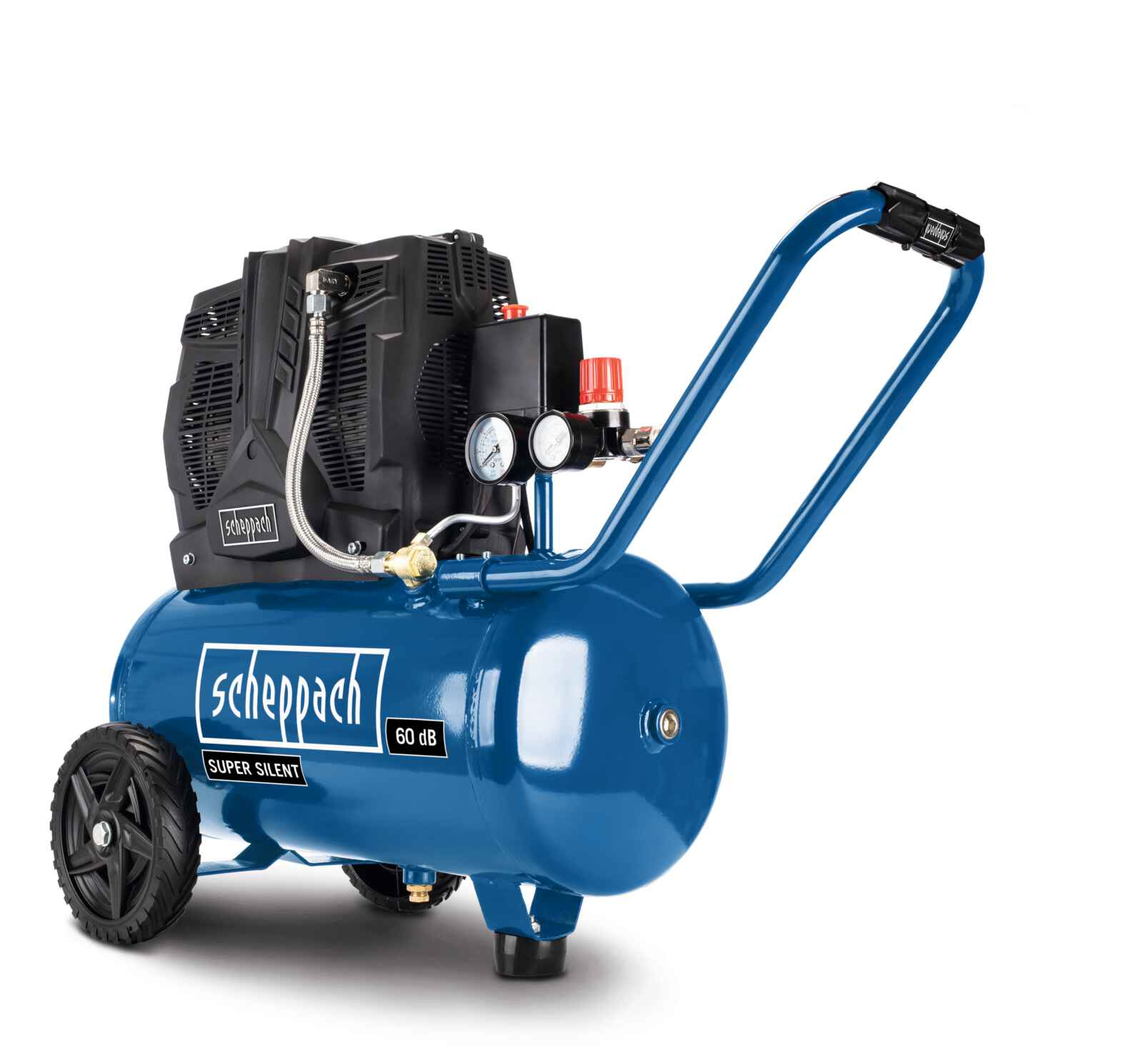 Un compressore d'aria blu con motore e maniglia neri, su sfondo bianco.