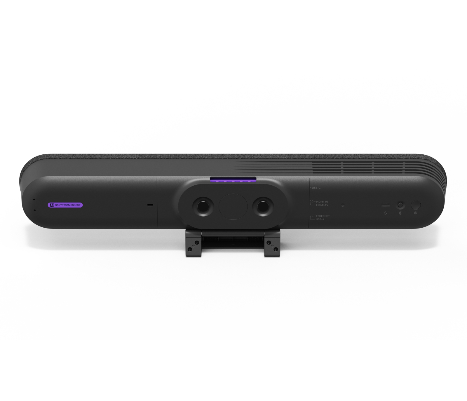 Ein schwarzes, rechteckiges Gerät mit USB-C-Anschluss und einem violetten Akzentbalken.