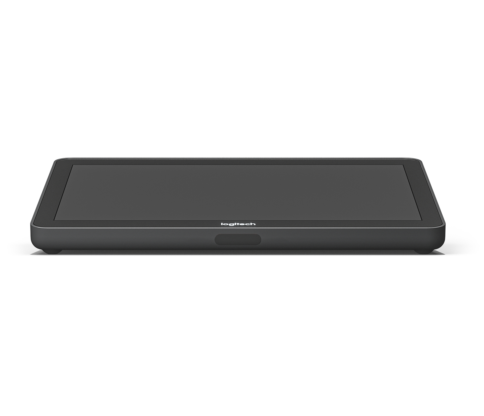 Pannello di controllo touchscreen Logitech nero. Sfondo bianco.