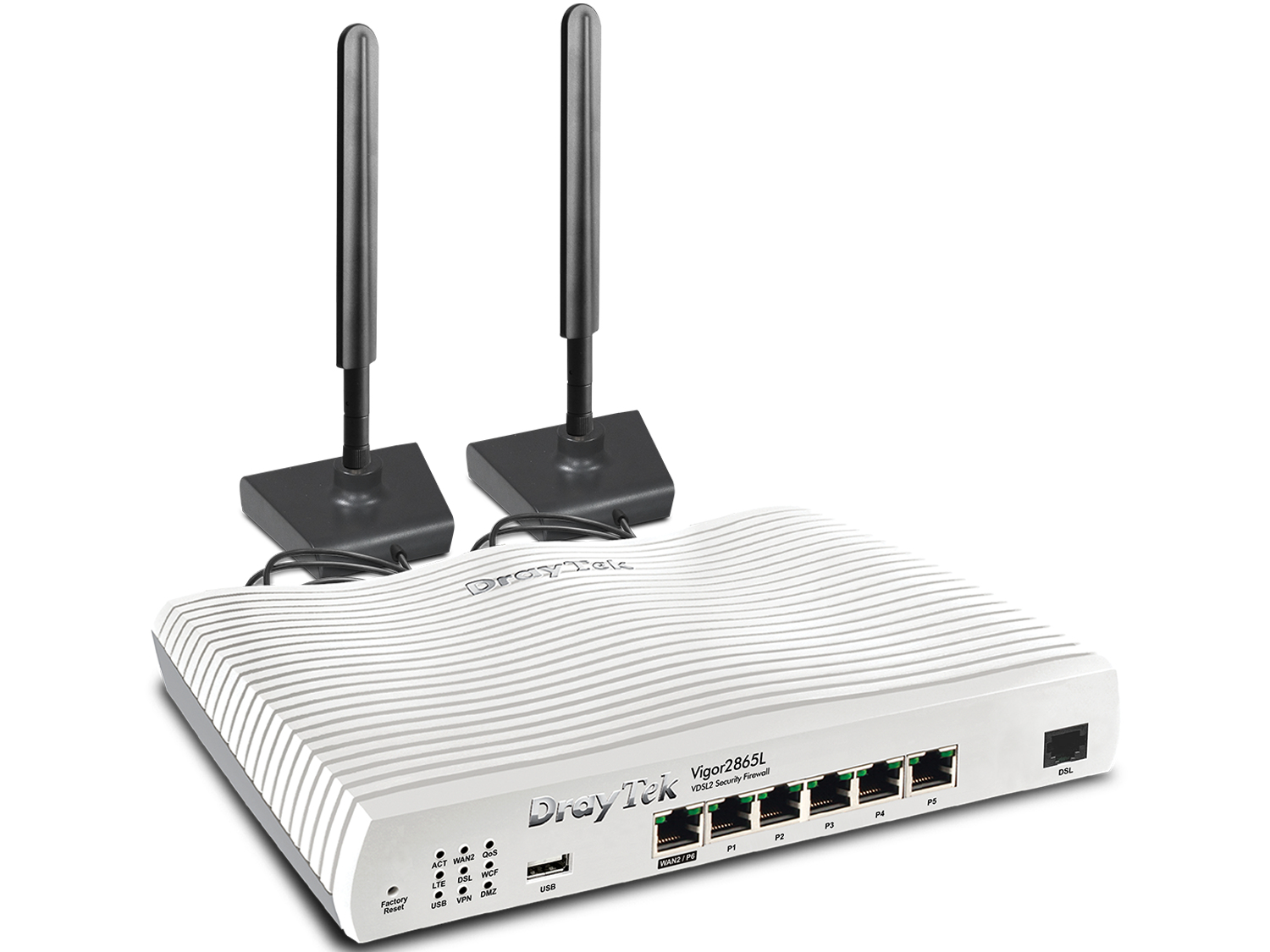 Router bianco con due antenne nere. Sfondo bianco.
