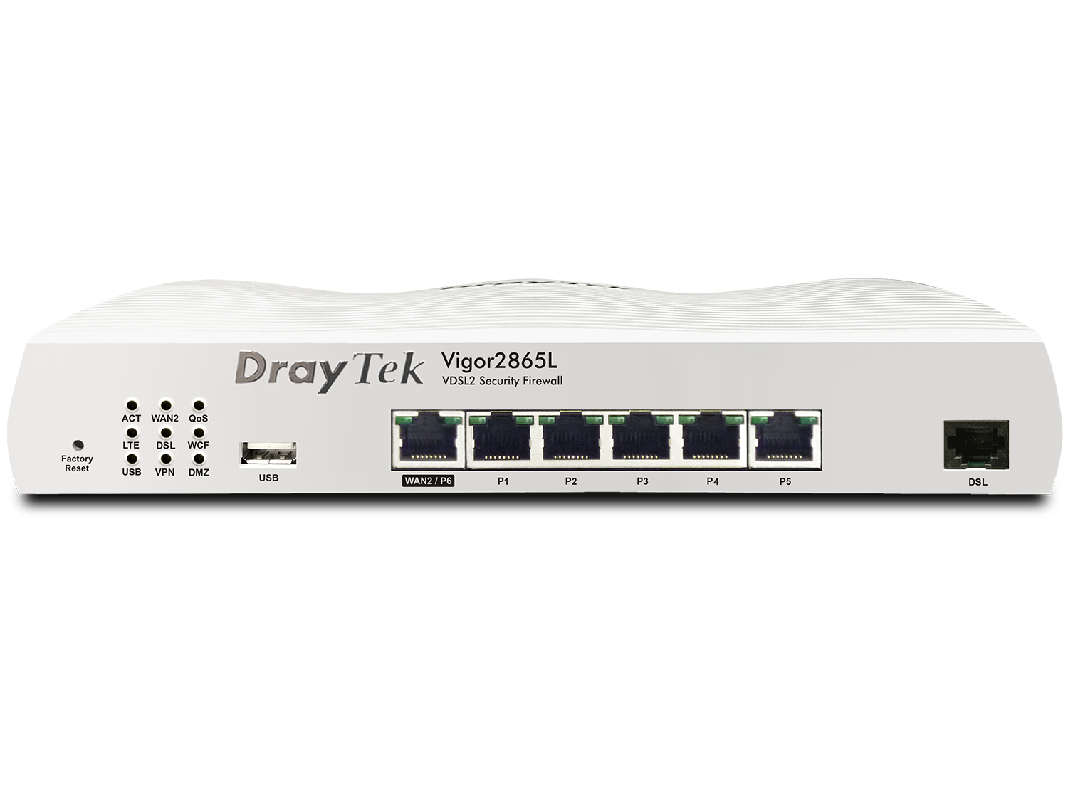 Un router DrayTek bianco con più porte e connessioni, su sfondo bianco.
