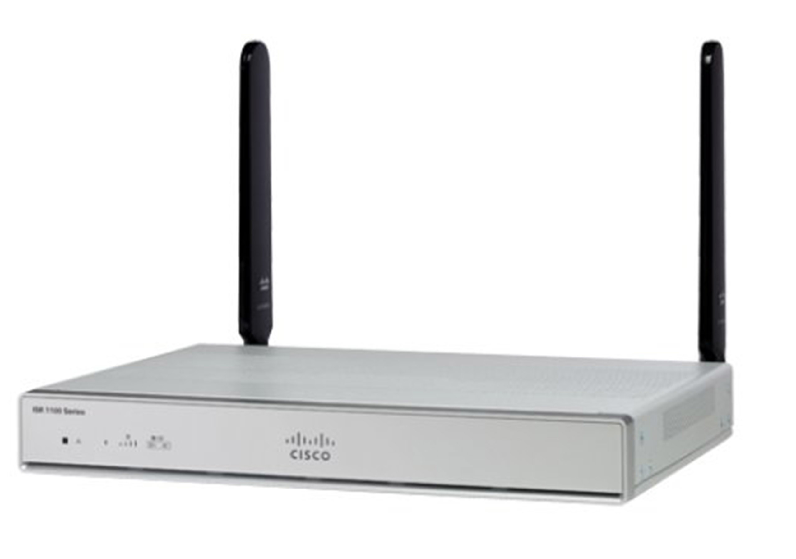 Silberner Cisco Router mit zwei Antennen. Markenname sichtbar. Weißer Hintergrund.