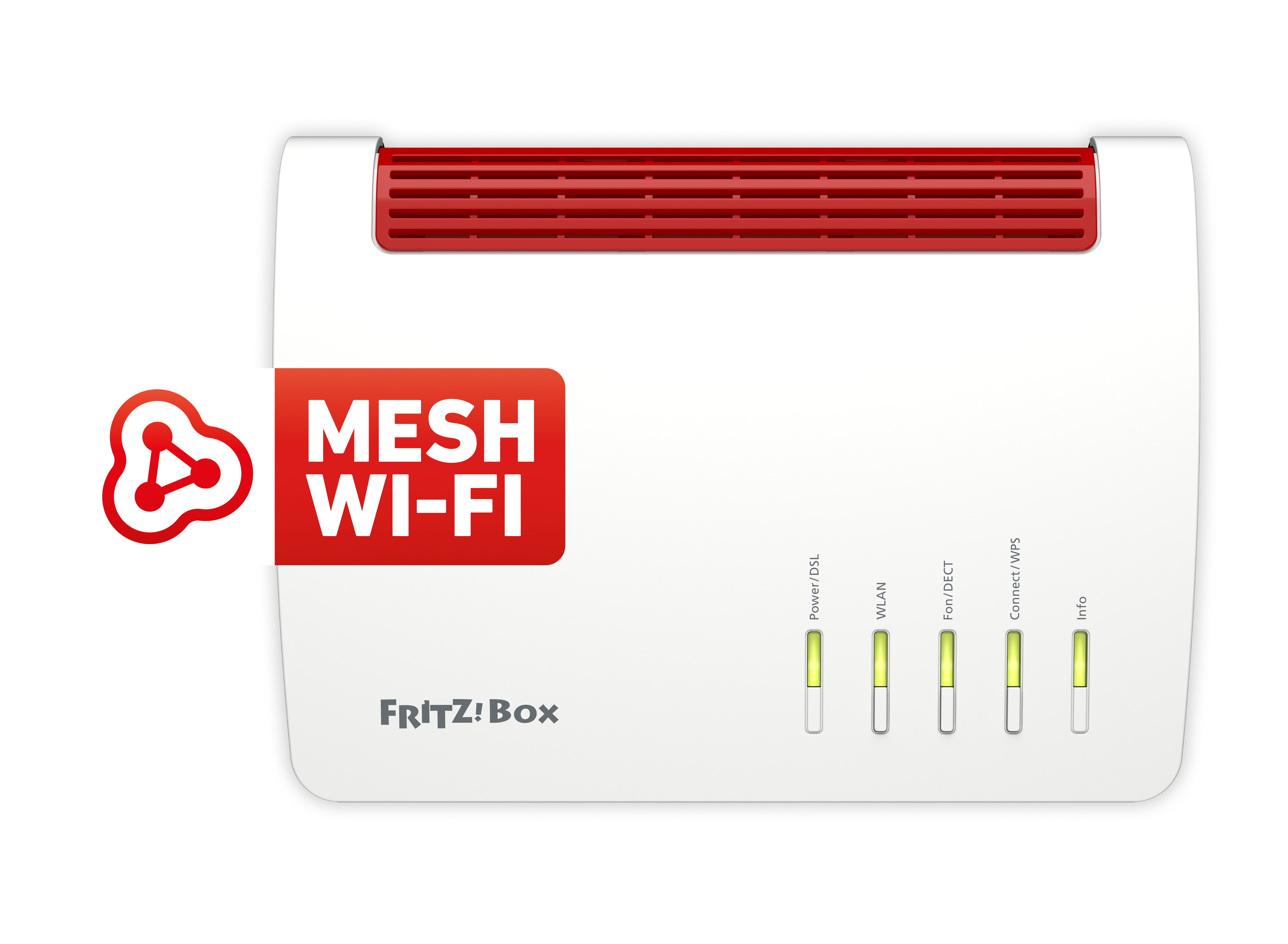 Weißer und roter Mesh-WLAN-Router. Der Markenname lautet Frit!Box.