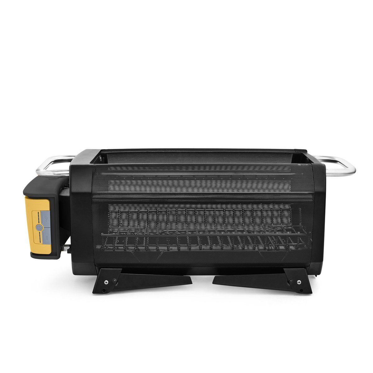 Czarny i pomarańczowy palenisko. Ma ruszt, nogi i panel boczny. Białe tło.